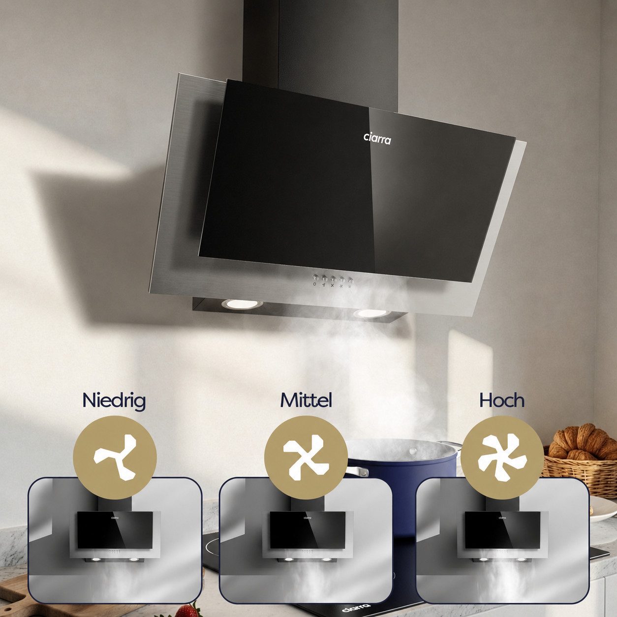 CIARRA Kopffreihaube 60 cm Dunstabzugshaube Abluft & Umluft 3 Stufen A++ CBCB6736C Schräghaube mit 2 Aktivkohlefilter & Fettilter, LED-Beleuchtung