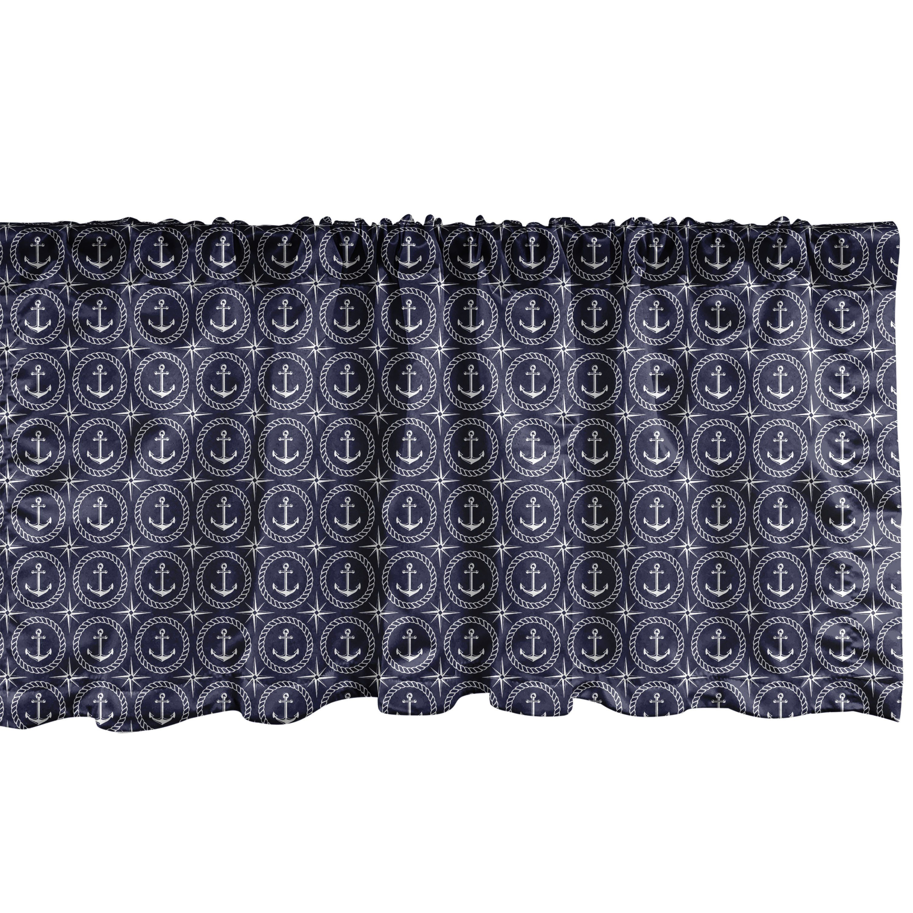 Scheibengardine Vorhang Volant für Küche Schlafzimmer Dekor mit Stangentasche, Abakuhaus, Microfaser, Navy blau Windrose und Seil