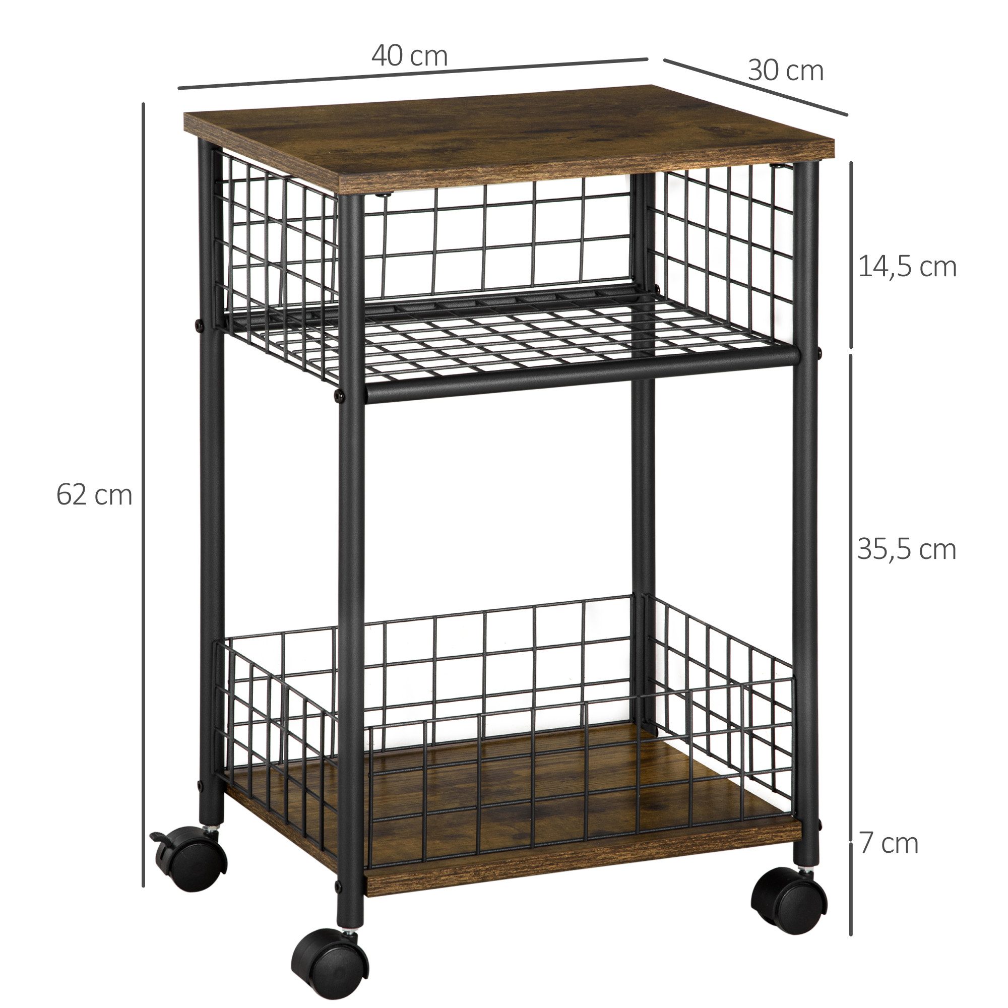 HOMCOM Servierwagen Küchenwagen Rollwagen mit 3 Ebenen und 2 Aufbewahrungskörben, (Küchenrollwagen, 1 St., Küchentrolley), Rustikal-Braun 40 x 30 x 62 cm – Bild 3 von 5