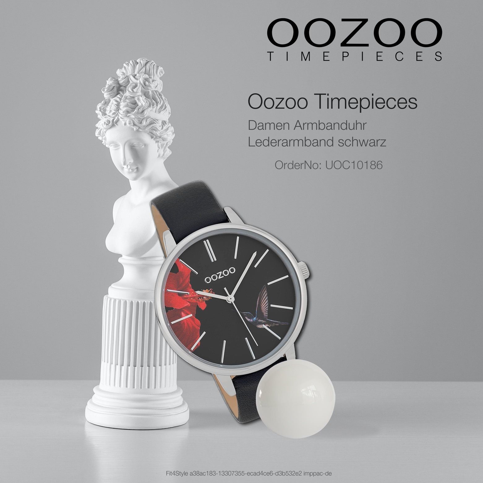 Damen Uhren OOZOO Quarzuhr UOC10186 Oozoo Damen Armbanduhr schwarz Analog, Damenuhr rund, groß (ca. 42mm), Lederarmband, Fashion