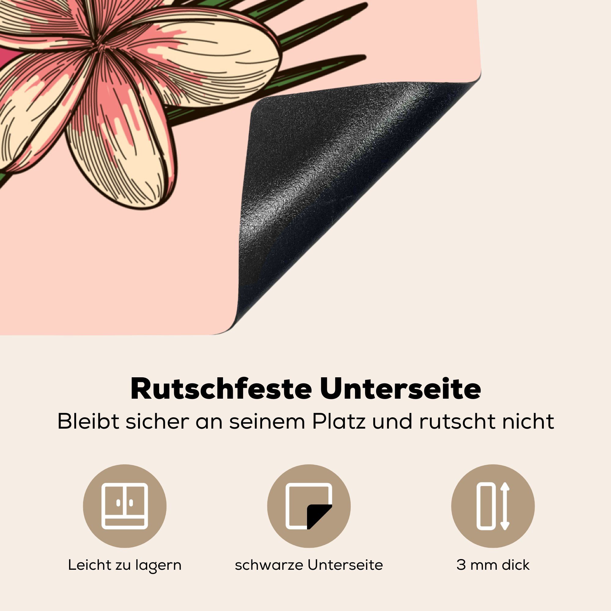 - Herdblende-/Abdeckplatte Blumen - cm, Vinyl, für Ceranfeldabdeckung, (1 78x78 Tropisch Arbeitsplatte tlg), MuchoWow küche Rosa,