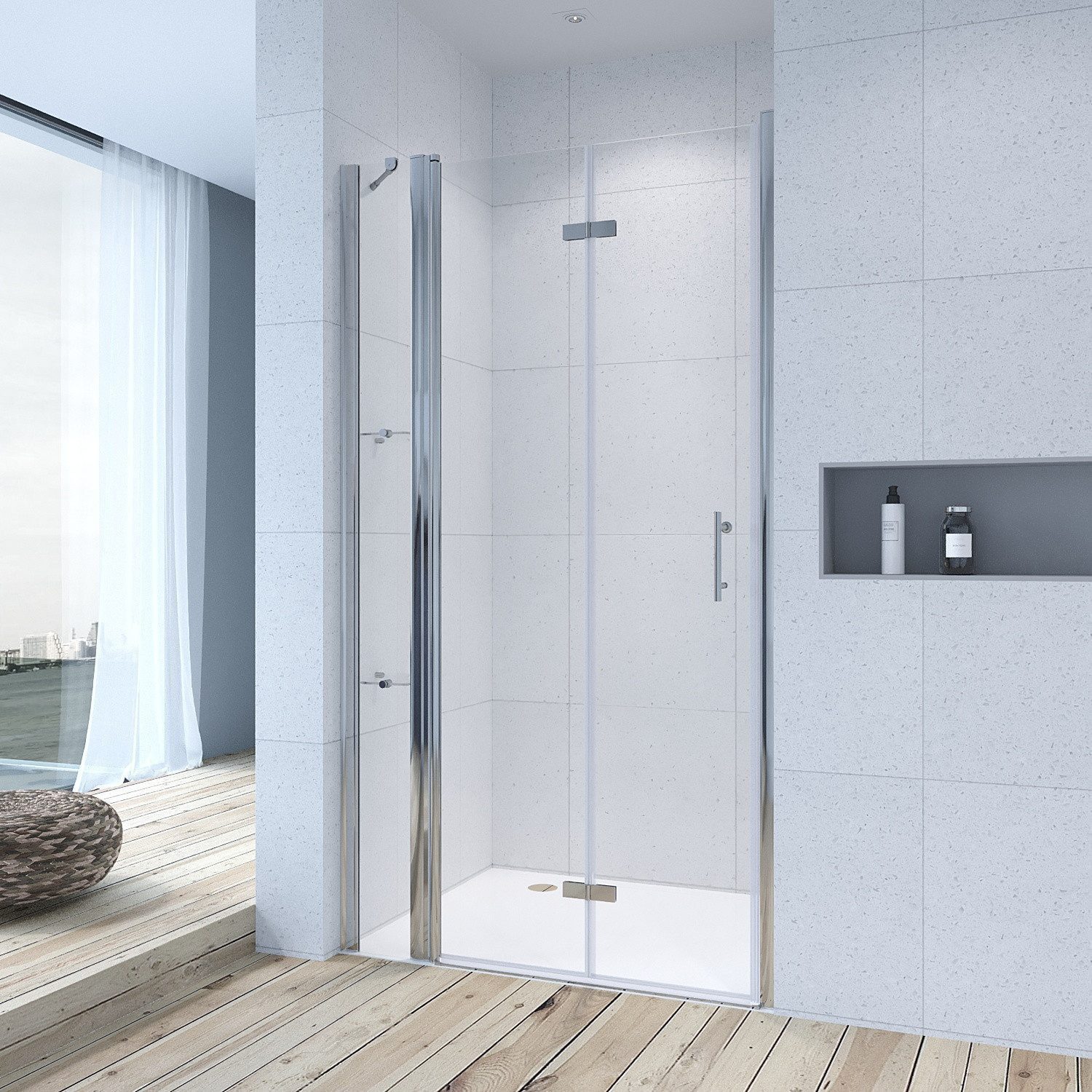 AQUABATOS Dusch-Falttür Nischentür Dusche Duschfalttür Duschtür faltbar für nischen Duschwand, 90x197 cm, 6 mm Einscheiben-Sicherheitsglas (ESG) mit Nanobeschichtung, (links und rechts montierbar) mit Festteil mit Duschablage,Hebe-Senk Mechanismus