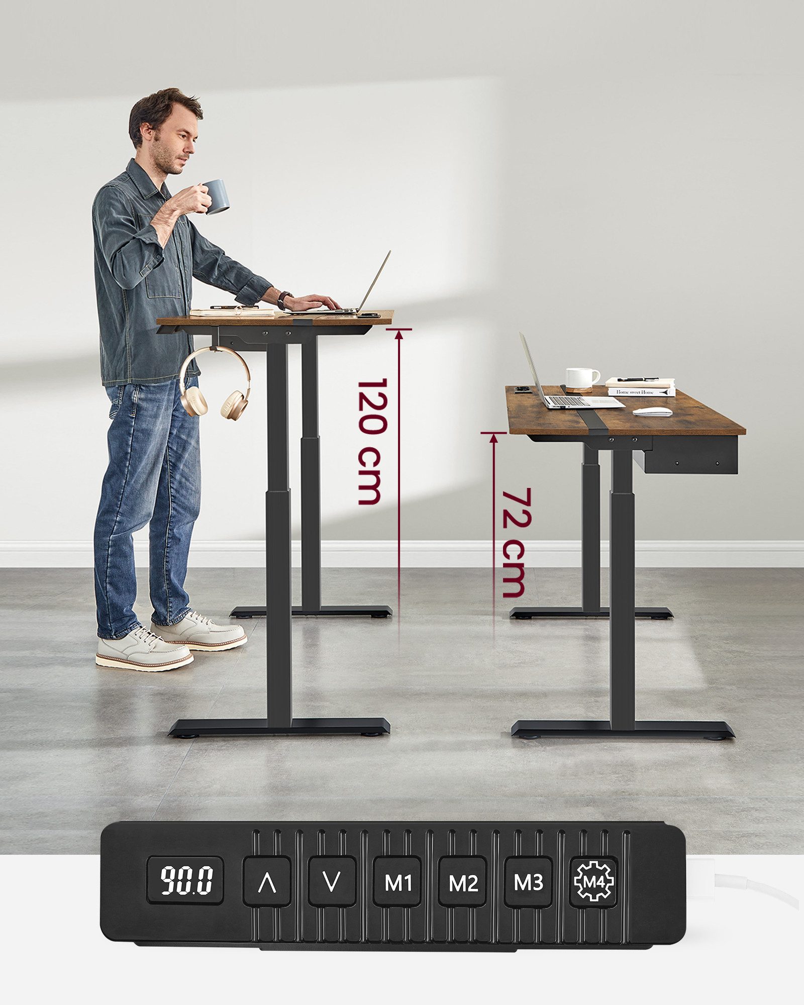 VASAGLE Schreibtisch höhenverstellbar, elektrisch, mit Steckdosen und Stoffschublade, Memory-Funktion mit 4 Höhen