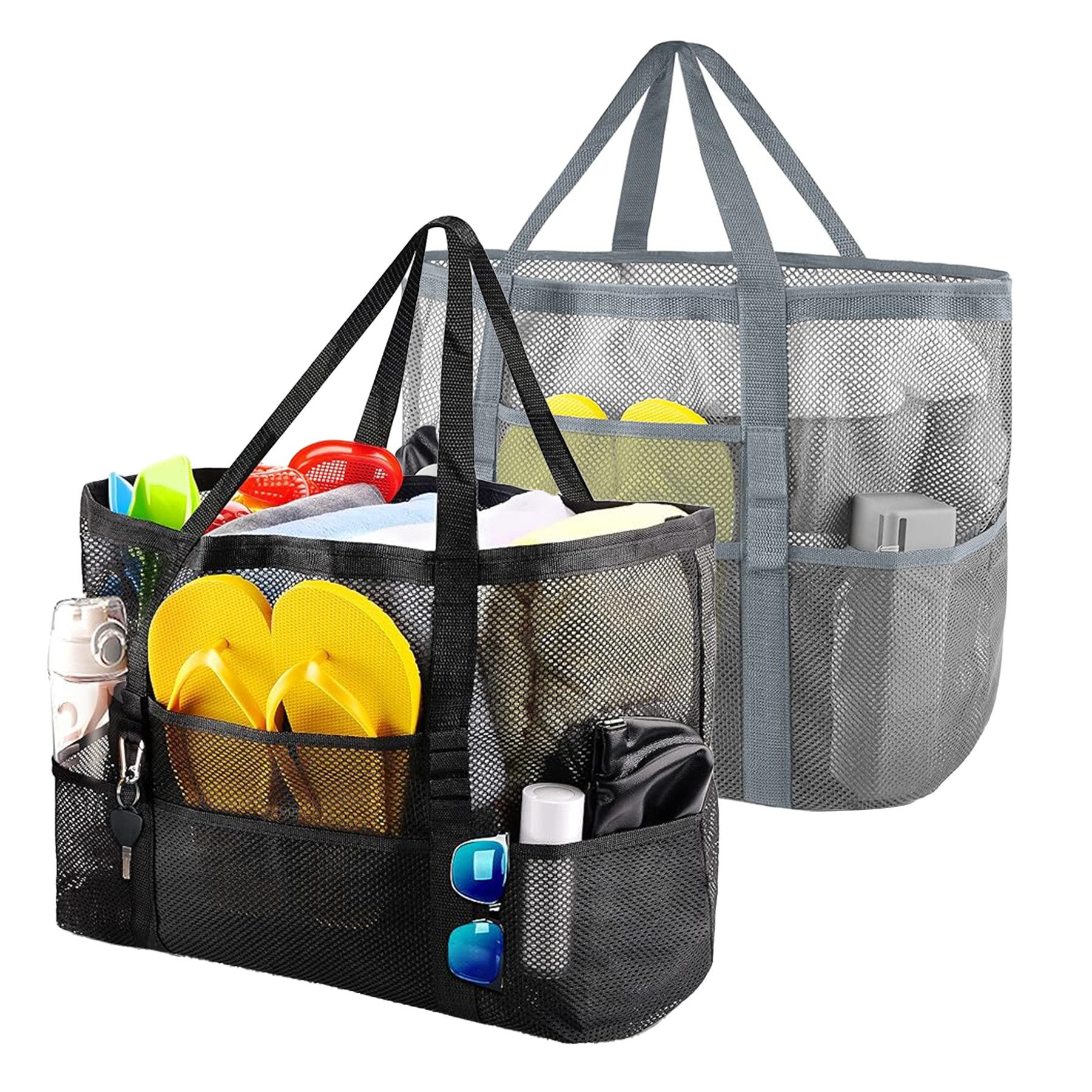 Mutig Strandtasche Groß Strandtasche, 2 Stück Mesh Badetasche (Netztasche für Sandspielzeug Faltbare Ручні сумки mit Taschen, 2-tlg., Umhängetasche für Strand), Urlaub, Reise,Fitnessstudio