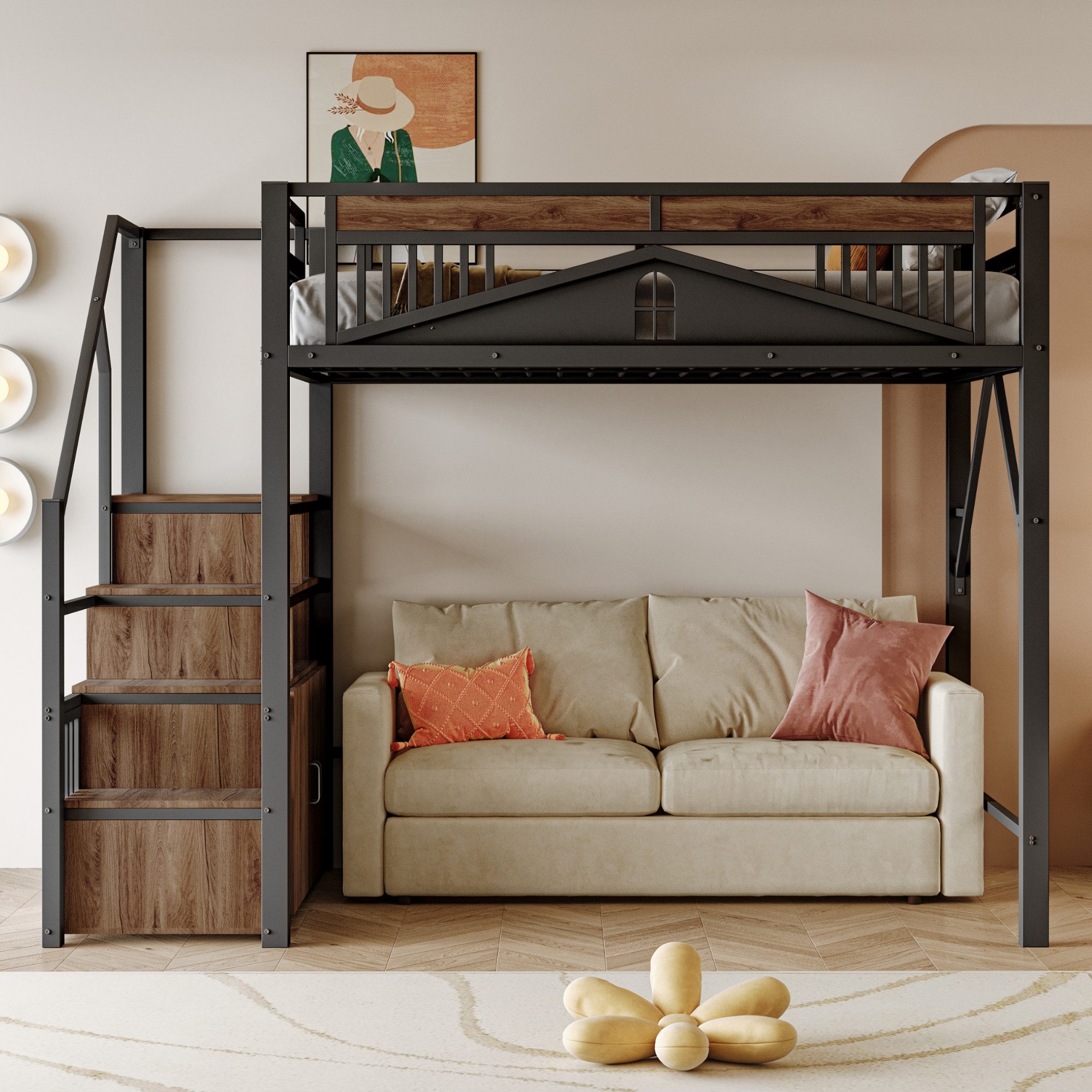 Merax Hochbett (Jugendbett Einzelbett Stockbett, 1-St) Metallbett Kinderbett 140x200cm mit Stauraumtreppe Schutzzaun Fenster