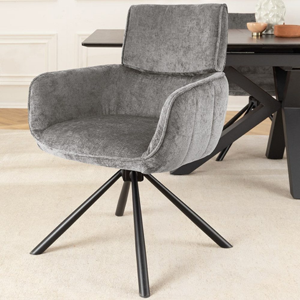 LebensWohnArt Stuhl Retro Drehstuhl UNICO grau Chenille schwarzes Metallgestell Armlehne