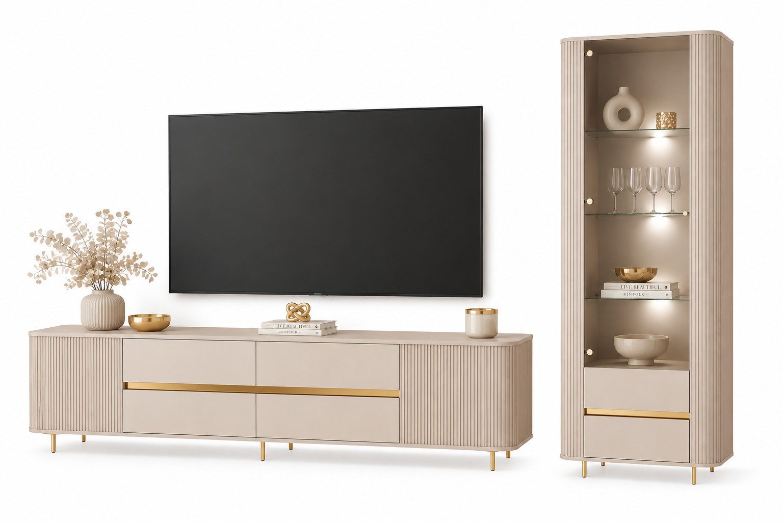 ALLHOUSE24 Wohnzimmer-Set MIRACLE GOLD mit LED Beleuchtung Vitrine, TV-Schrank, Sandbeige, (2-St., Das Set besteht aus: Vitrine, TV Schrank), Breite: Vitrine: 76 cm, TV-Schrank: 240 cm