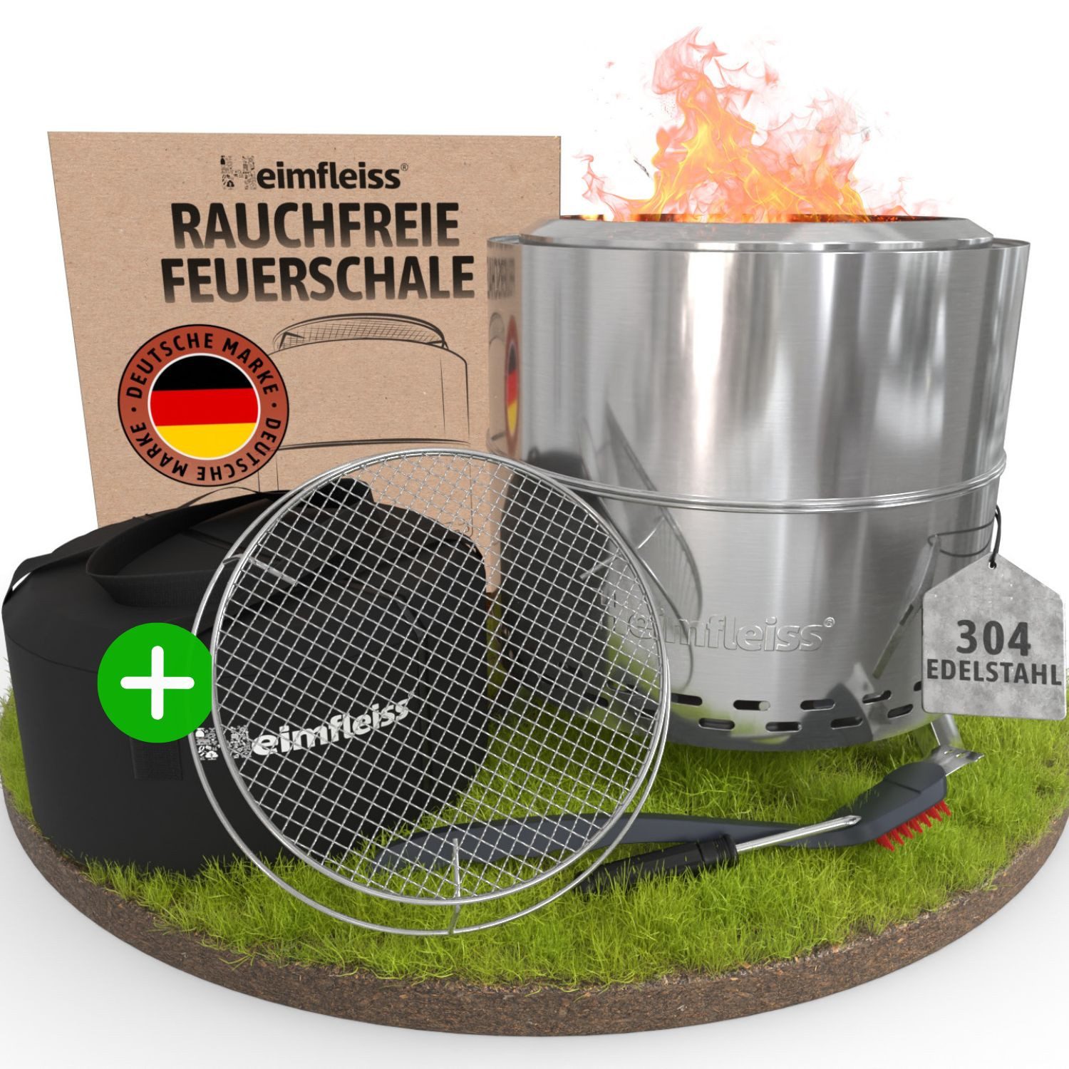 Heimfleiss® Feuerschale Feuerstelle Edelstahl 304 rauchreduziert Camping, (Komplettset mit Grillrost, 6-St., inkl. Topfhalter & Tragetasche), windgeschützt Ø 50 cm
