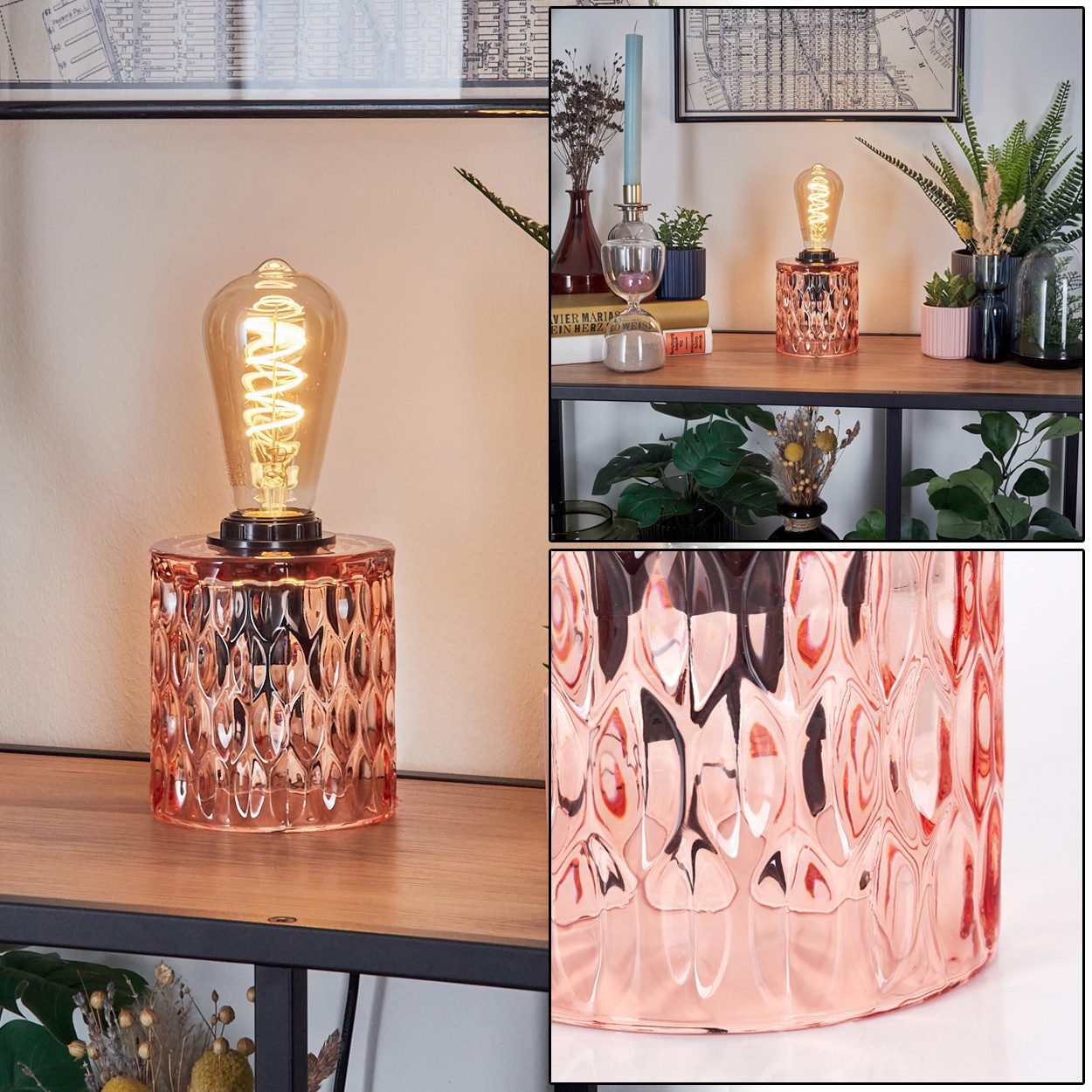 hofstein Tischleuchte Tischlampe aus Glas/Metall in Rosa/Schwarz, ohne Leuchtmittel, Glasschirm (11cm), An/-Auschalter am Kabel, 1x E27, ohne Leuchtmittel