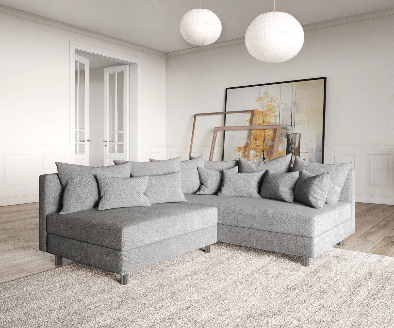 DELIFE Ecksofa Clovis, Grau Flachgewebe Ottomane günstig online kaufen