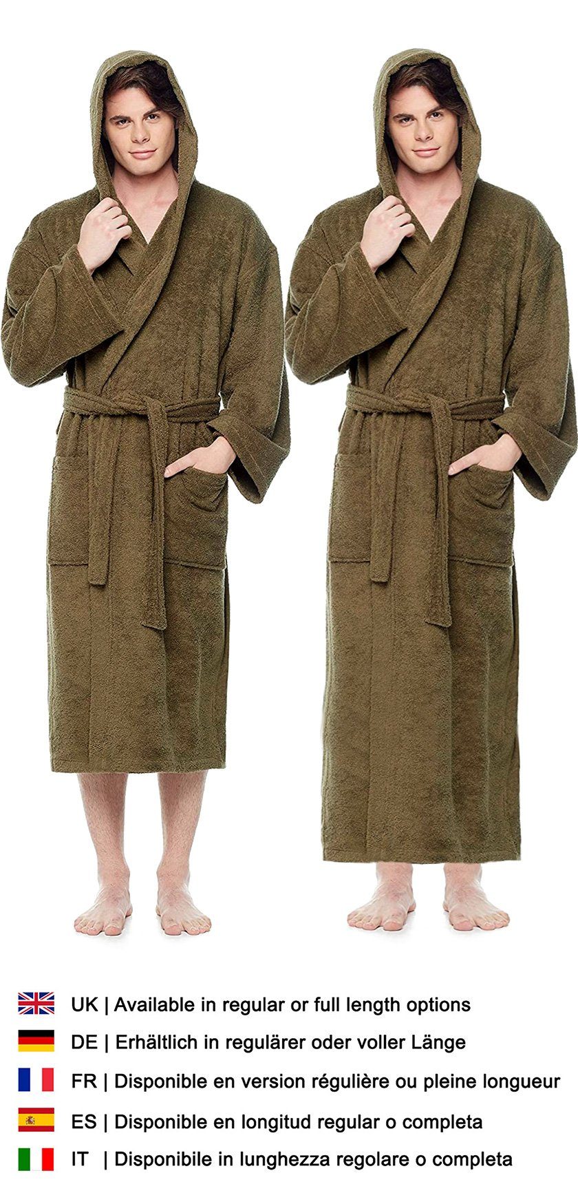 Arus Herrenbademantel Astrom aus Baumwoll-Frottee, Reisebademantel, Saunamantel, 100% Baumwolle, Kapuze, Gürtel, mit Kapuze, wadenlang oder extra lang, 100% Baumwolle