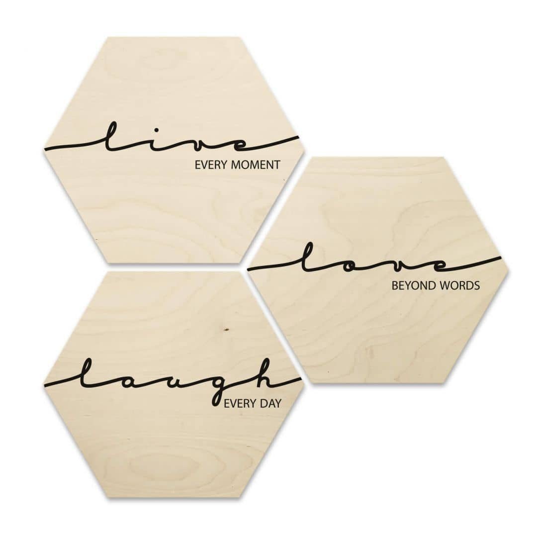 K&L Wall Art Holzbild Hexagon Holzdeko Live Laugh Love Natur Schriftzug Wohnzimmer 3er Set, Wandbild Birke-Furnier naturbelassen, Holz Wandbild fürs Wohnzimmer Boho Holzschild inkl. Wandhalterung