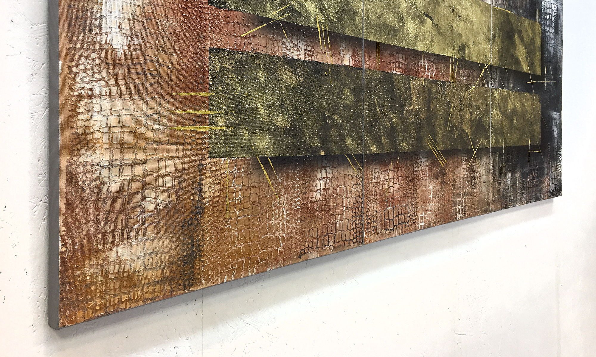 WandbilderXXL Gemälde Golden Desert 150 x 70 cm, Abstraktes Gemälde, handgemaltes Unikat
