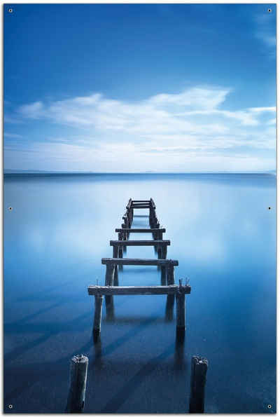 Wallario Sichtschutzzaunmatten Rustikaler Holzsteg im blauen See