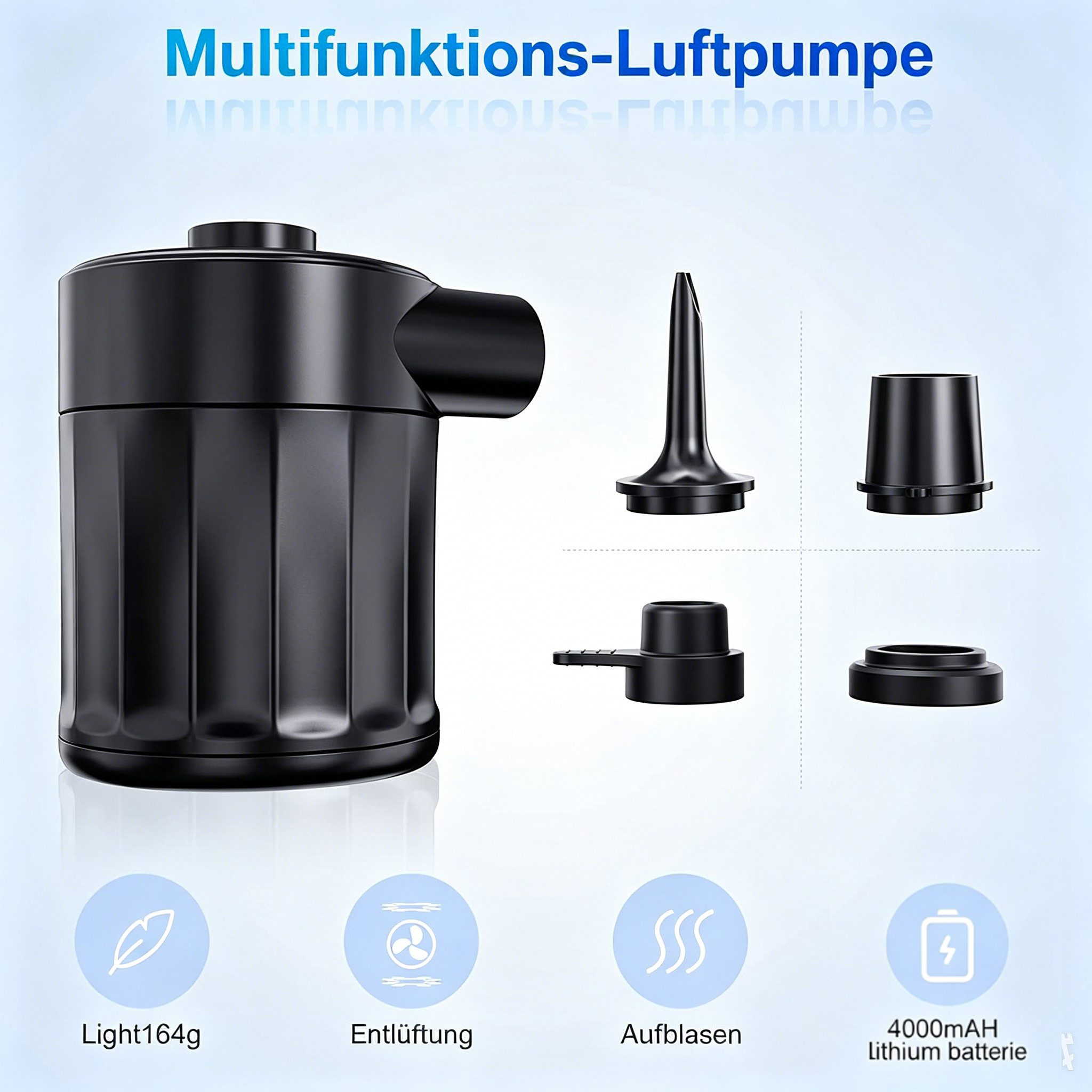ibettertec Akku-Luftpumpe Akku-Luftpumpe Elektrische Luftpumpe 5Kpa Schnell Inflator mit 4 Düsen (Set, 4 Luftdüse, Ladekabel, Aufbewahrungstasche, Luftpumpe), 2-in-1 Aufblasen & Absaugen Elektrische Pumpe für Zuhause und Auto