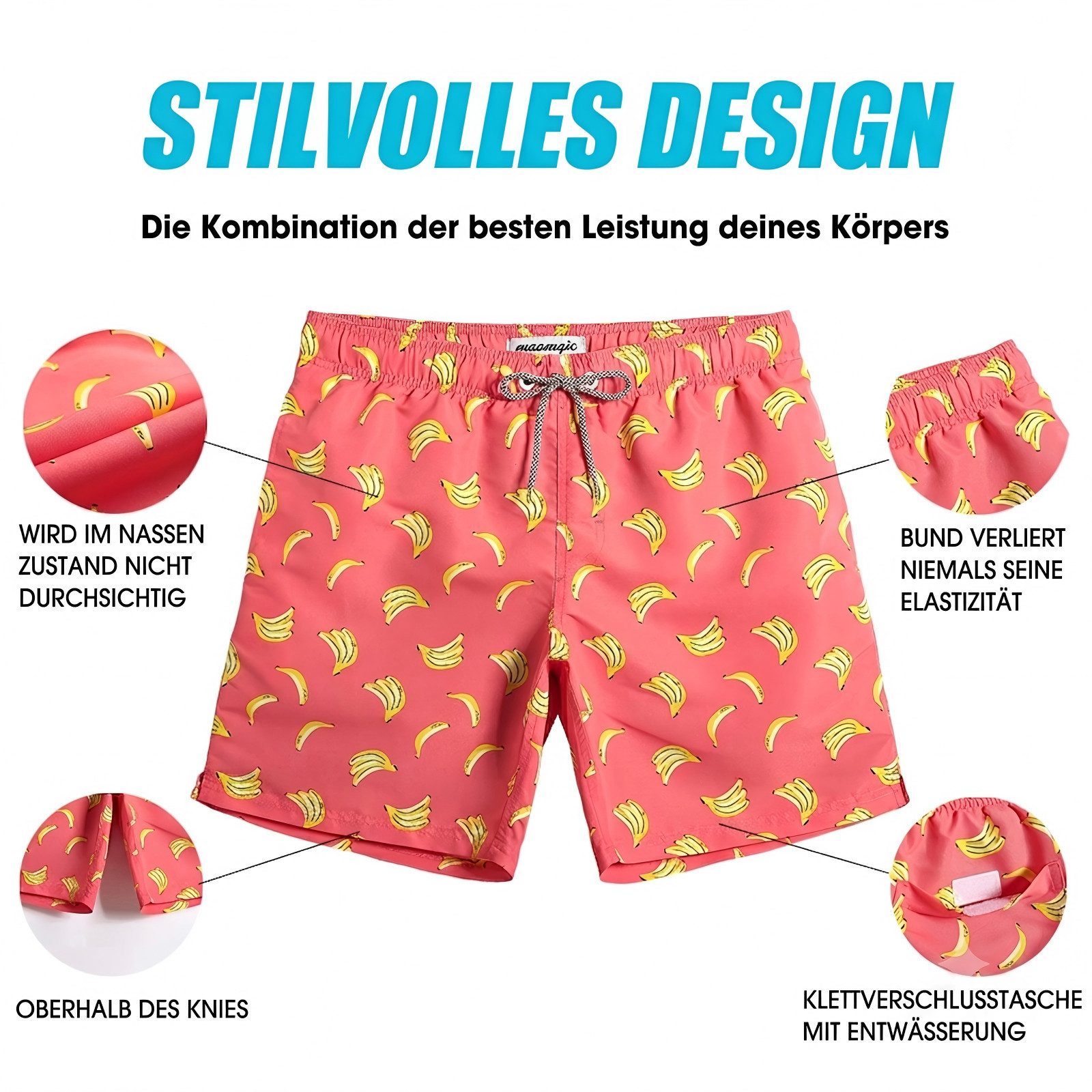 MaaMgic Shorts Herren mit Mesh-Futter kurze Hose schnelltrocknend Badehose lang (1-tlg)