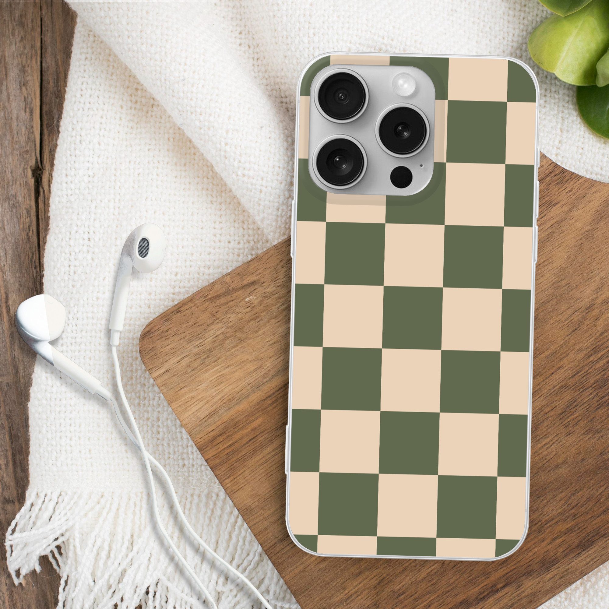 MuchoWow Handyhülle für Apple iPhone 16 Pro Schachbrettmuster - Grün - Beige - Blöcke, Smartphone-Bumper, Print, Handy Schutzhülle Dünn