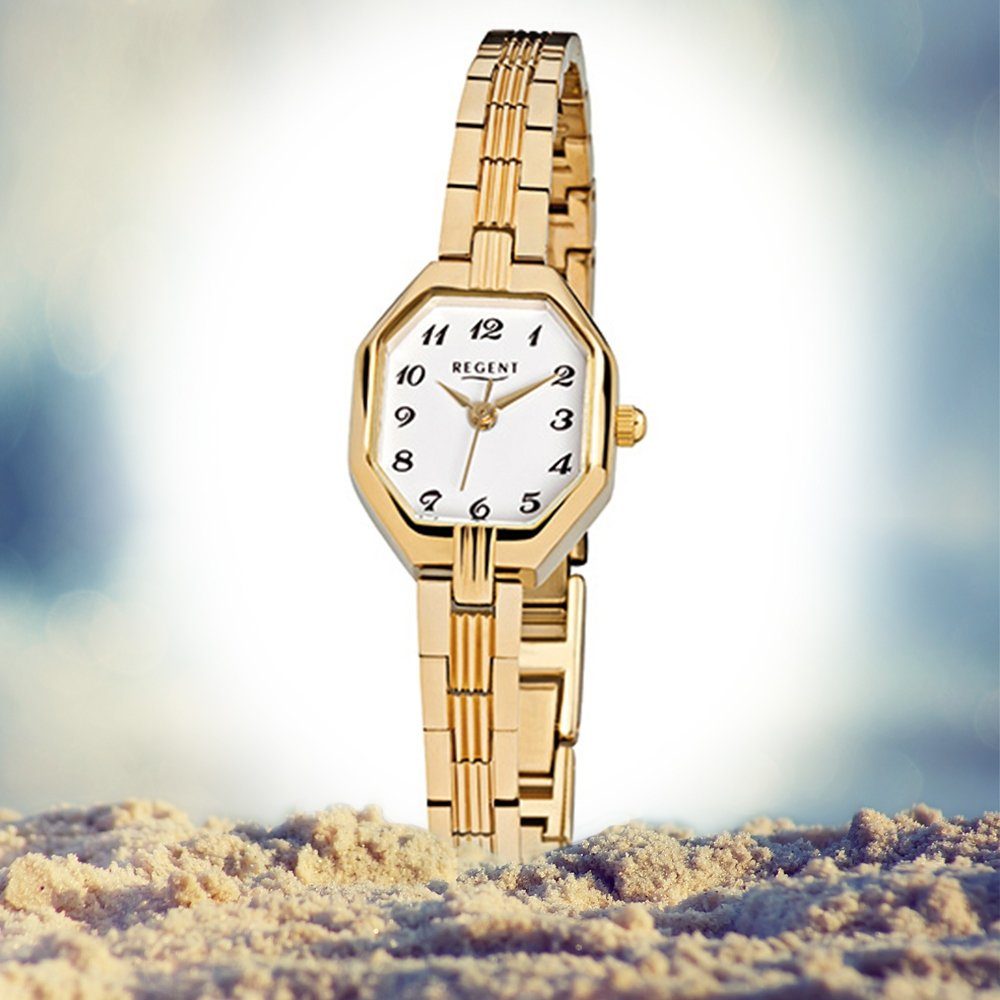 Regent Quarzuhr Armbanduhr Analog F-305, Damen-Armbanduhr Regent Damen klein ionenplattiert (ca. Edelstahl, eckig, 19x22mm), gold