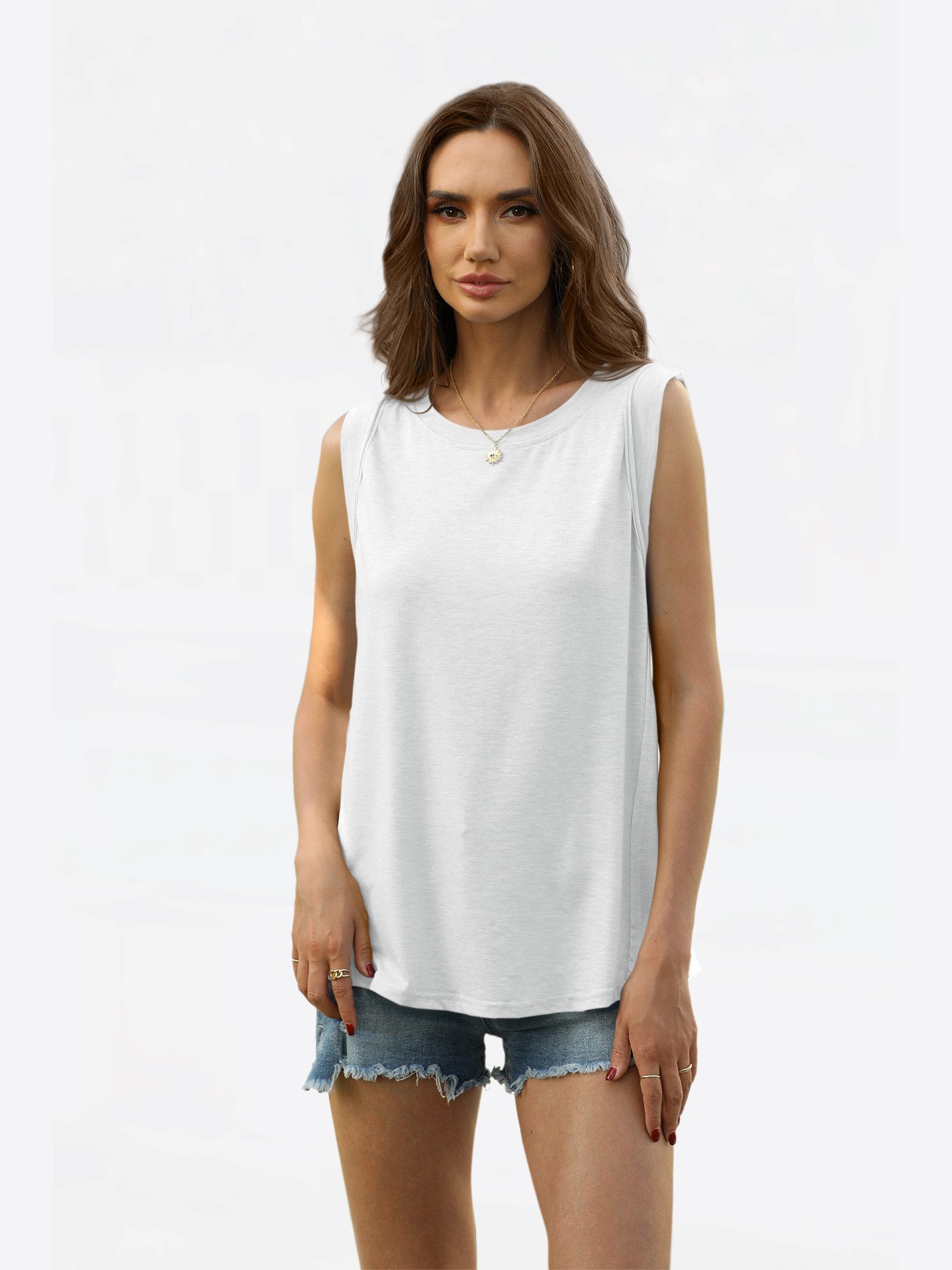 Imily Bela Tanktop Damen ärmellos Rundhals Basic Oberteil (Packung, 1-tlg., 1per-Pack) mit Rundhalsausschnitt in Unifarbe