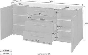 Innostyle Sideboard Loft Two, Breite 180 cm, 2 Holztüren, 3 Schubkästen, 1 offenes Fach