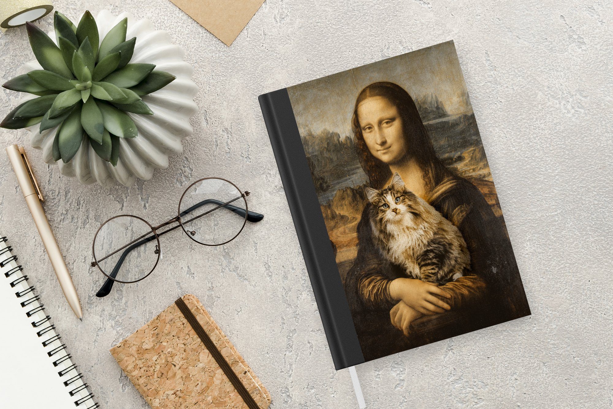 Katze Mona - Lisa - A5, Vintage Notizbuch - MuchoWow 98 Leonardo - da Vinci Alte, Merkzettel, Haushaltsbuch Kunstwerk Notizheft, Seiten, Journal, Tagebuch, -