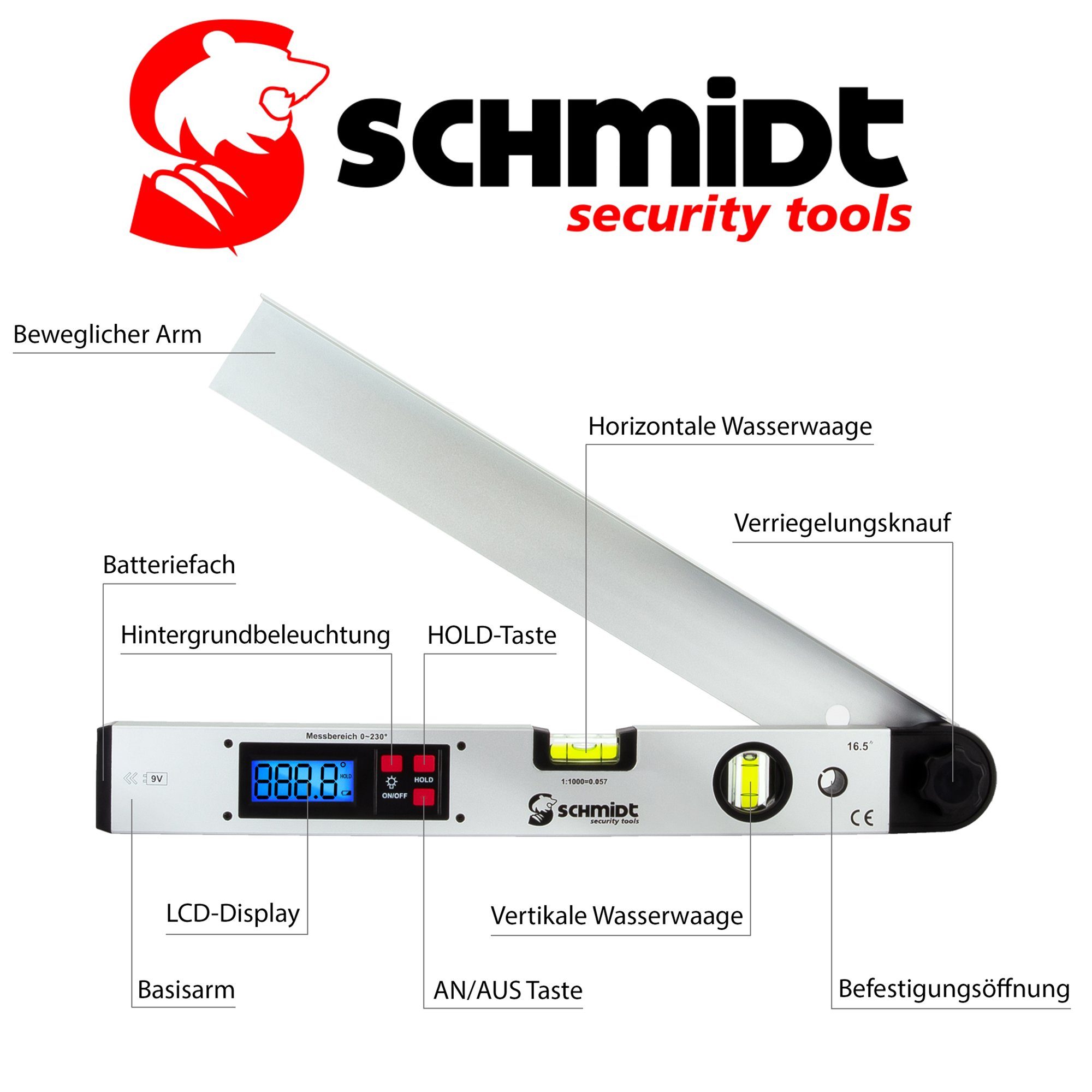 SCHMIDT security tools Winkelmesser Winkelmesser Neigungsmesser LCD Winkel Wasserwaage