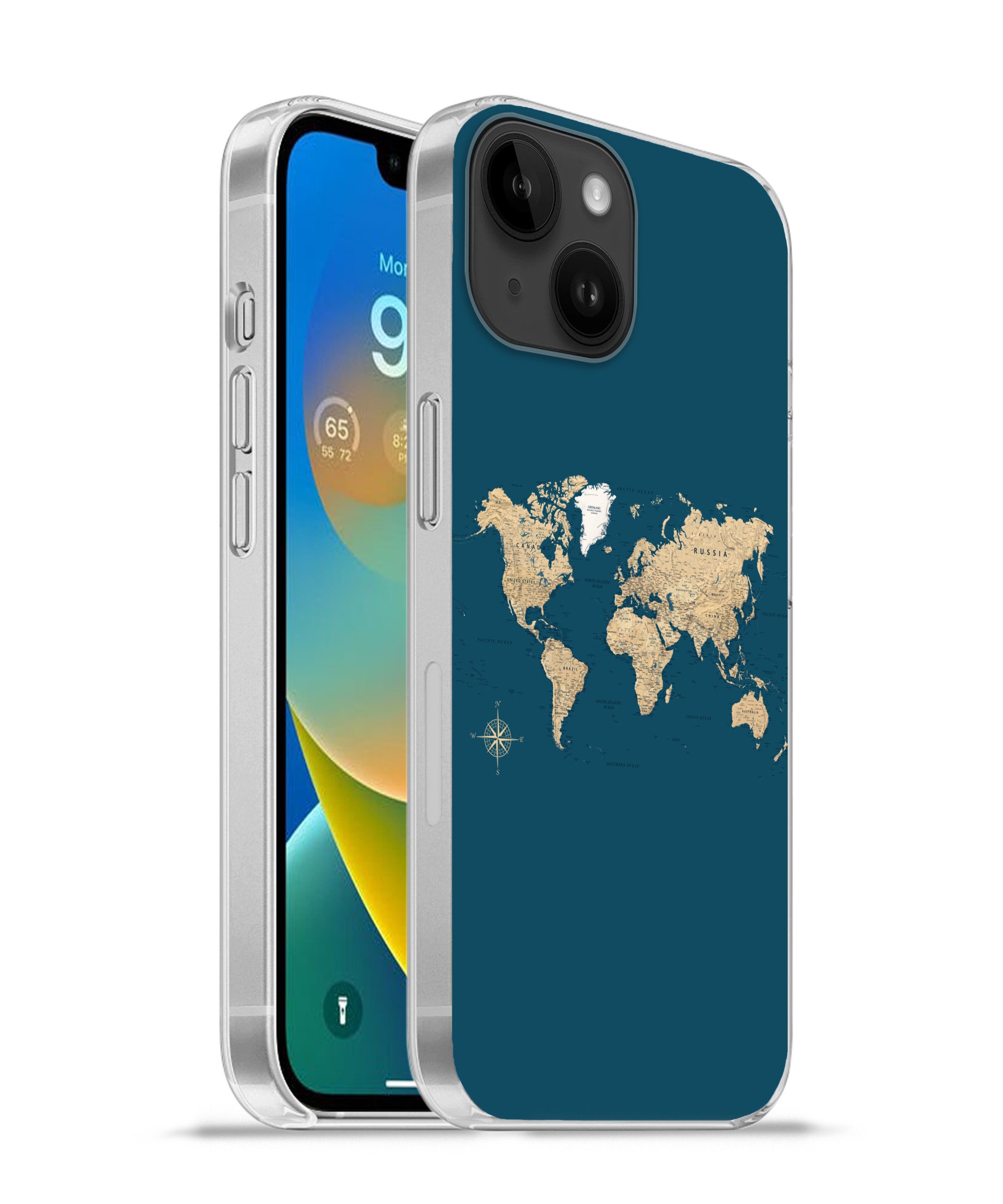 MuchoWow Handyhülle für Apple iPhone 14 Weltkarte - Dunkelblau - Beige, Smartphone-Bumper, Print, Handy Schutzhülle Dünn