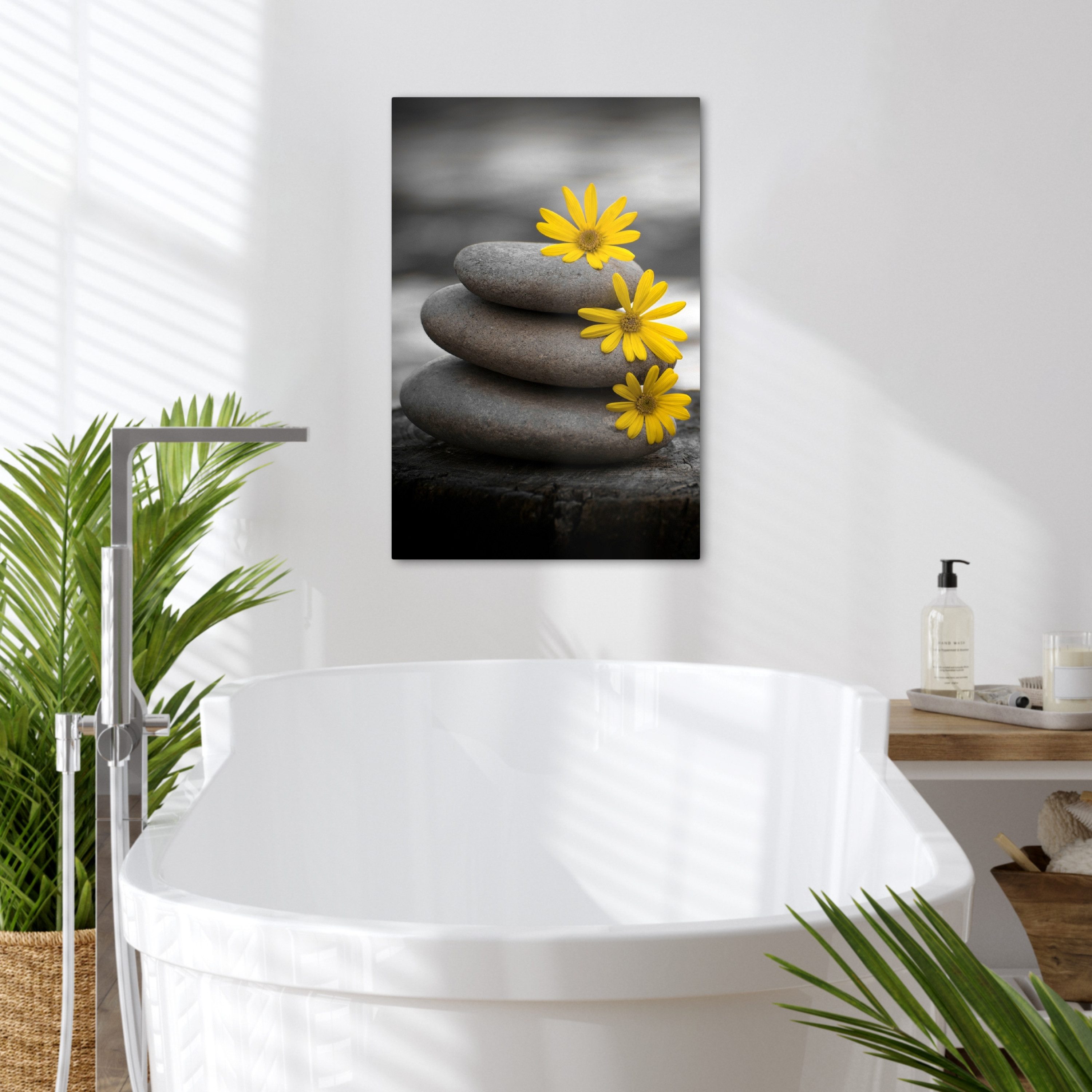 OneMillionCanvasses® Leinwandbild Zen-Steine - Blumen - Gelb - Natur, Fotodruck (1 St), Bilder für Badezimmer, Bad und Toiletten Deko, Bild WC 40x60 cm
