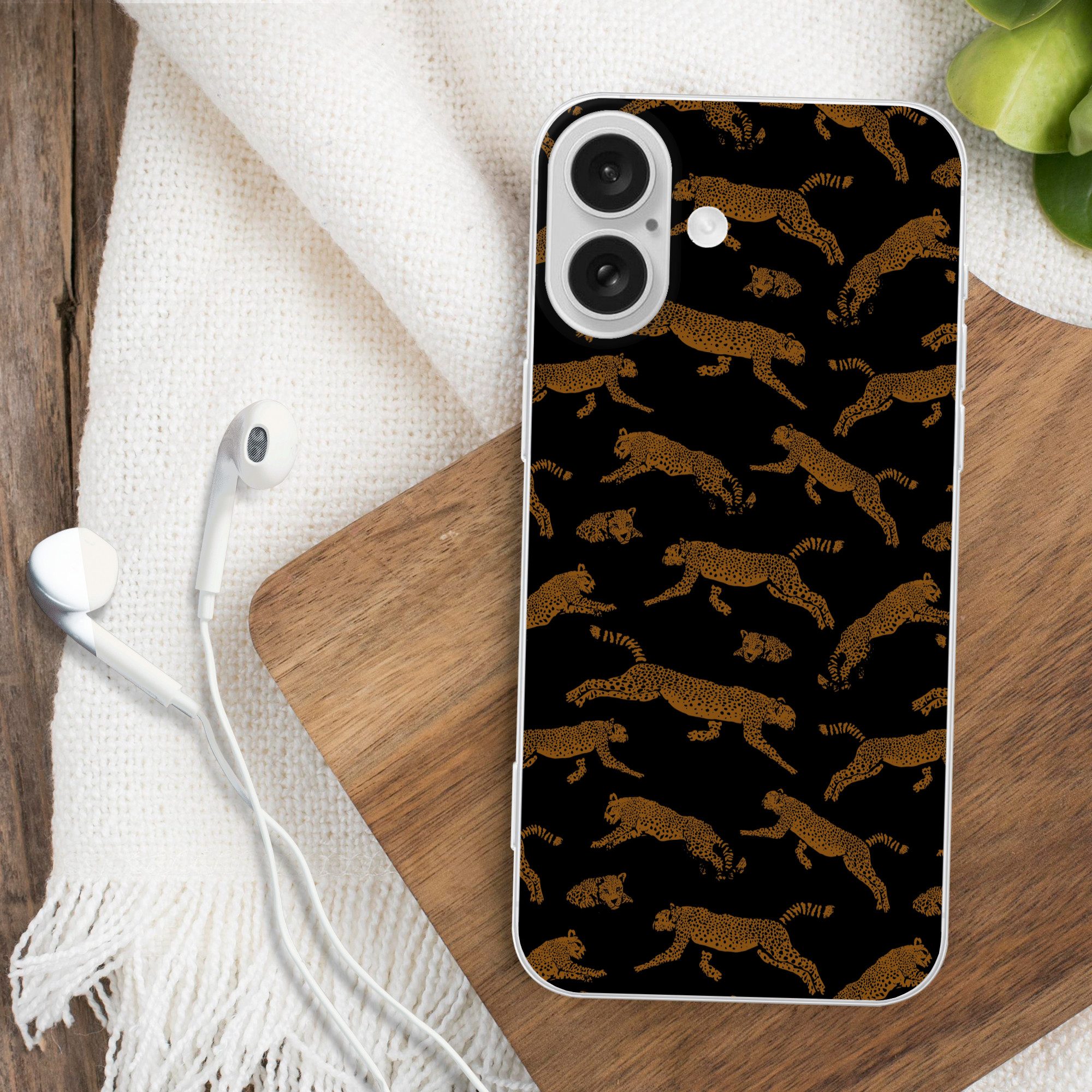 MuchoWow Handyhülle für Apple iPhone 16 Panther - Muster - Tiere - Schwarz - Braun, Smartphone-Bumper, Print, Handy Schutzhülle Dünn