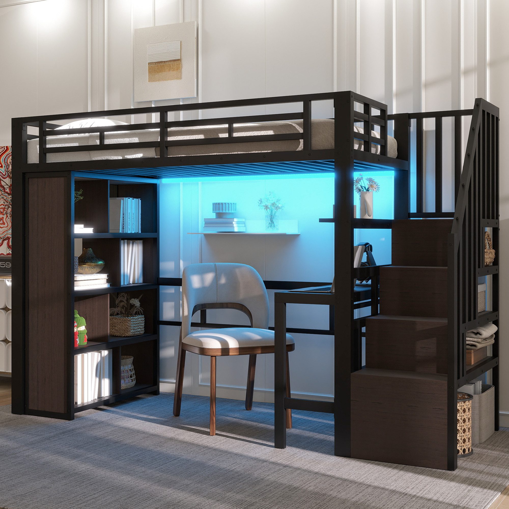 STILVORA Hochbett 90x200 mit schreibtisch Jugendbett mit Stauraum Metallbett LED-Licht (mit integriertem Schreibtisch, Ablagefach, LED-Lichtleiste und Treppenstauraum, 90x200 cm) ohne Matratze
