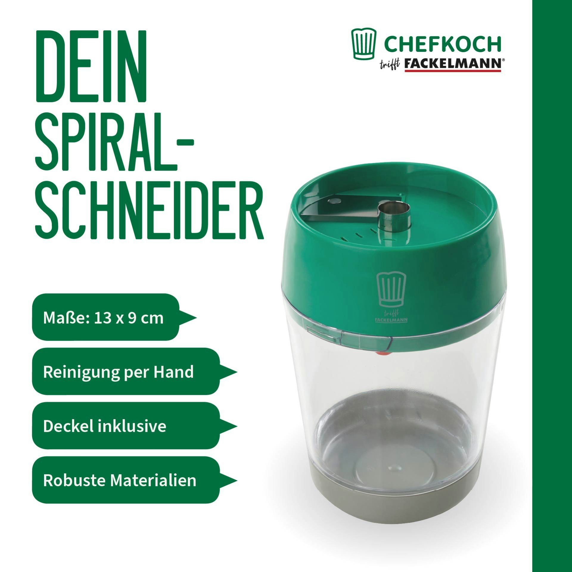 Chefkoch trifft Fackelmann Spiralschneider Spiralschneider: ABS & Edelstahl – 130xø90mm – mit abnehmbarem Boden