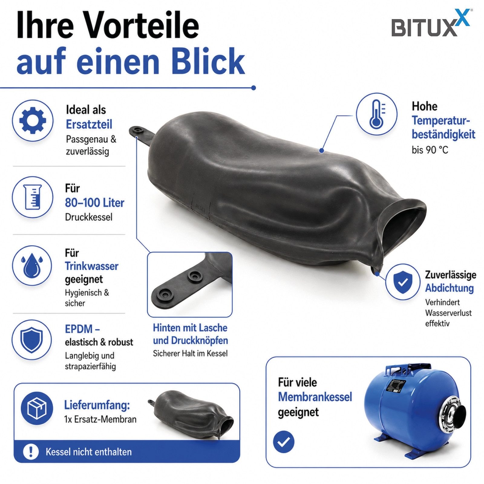 Bituxx Membran-Druckbehälter Ersatz Membran 80 - 100 L, 100 l, 10 bar