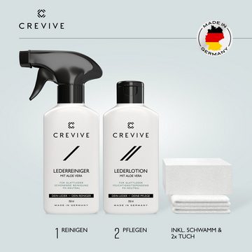 CREVIVE Lederpflegeset (SPARSET, Lederreiniger + Lederpflege + 1x Schwamm + 2x Tuch), mit Aloe Vera, Lederpflege Sofa, Lederpflege für Ledercouch, Auto