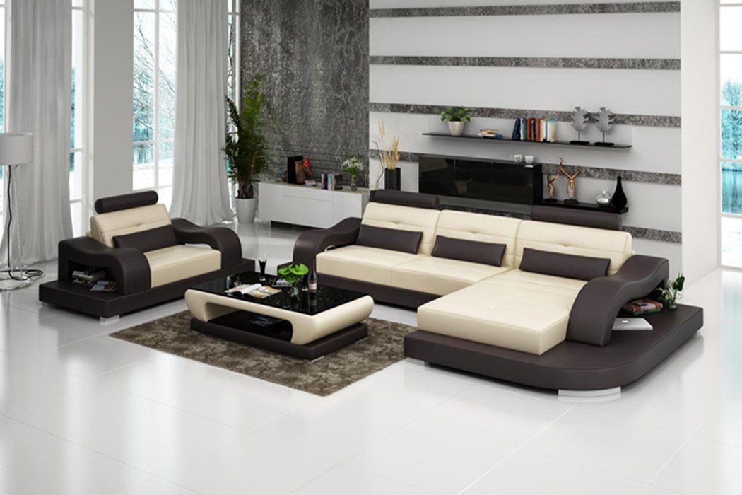 JVmoebel Ecksofa, Wohnlandschaft Sessel L-Form Ecksofa Set Beige Garnitur Modern Sofa Leder