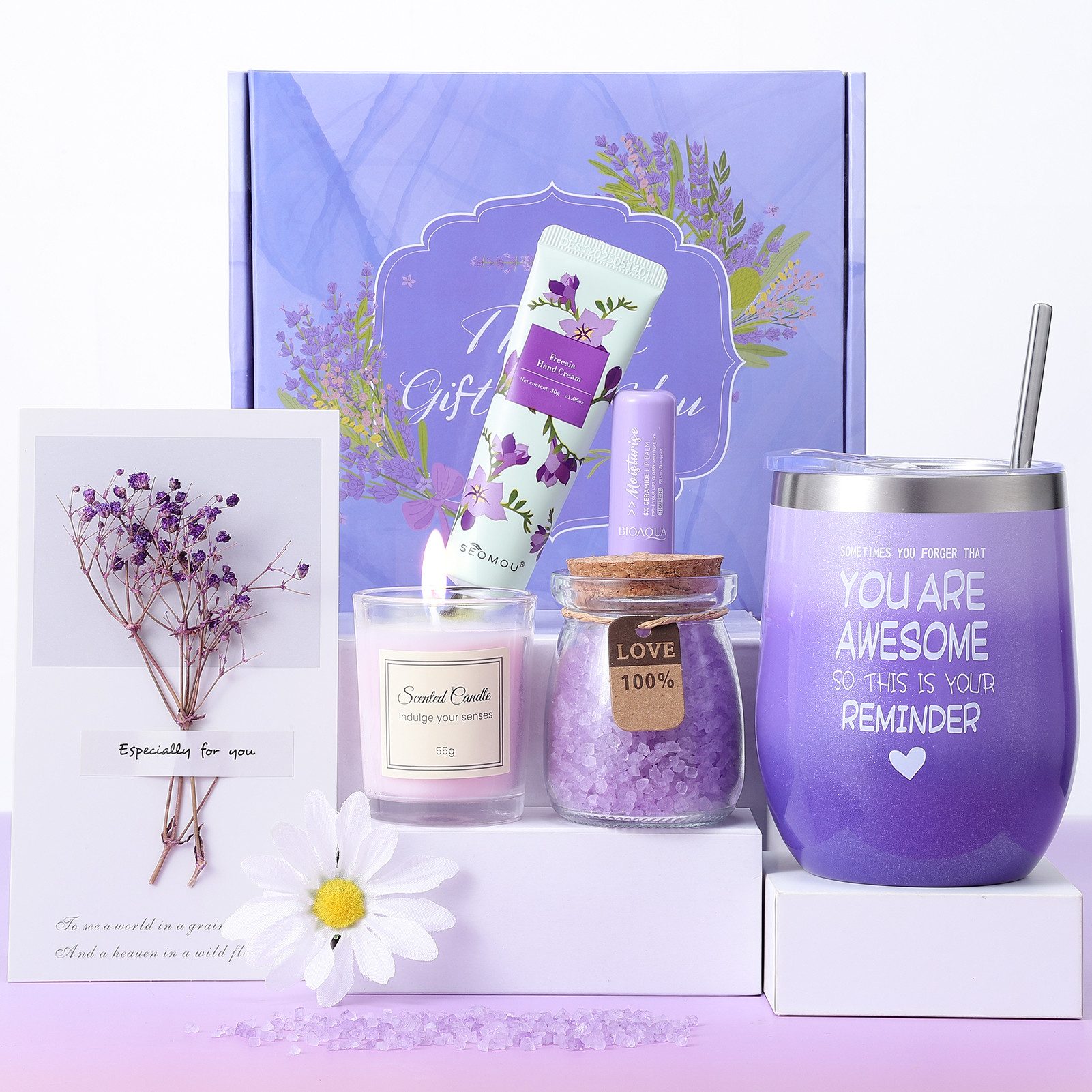 Wootoy Geschenkbox Geschenkset Geburtstagsgeschenke Pflege-Geschenkbox mit Sonnenmotiv (mit Thermobecher Handcreme Lippenbalsam Badesalz Duftkerze Grußkarte, 7 St., 330-ml-Thermobecher mit Edelstahl-Innenseite für heiße kalte Getränke), Geschenkidee für Geburtstage Feiertage und weitere besondere Anlässe