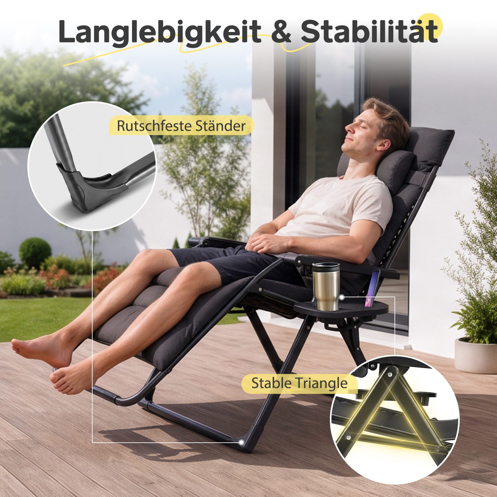 Sekey Gartenliege Sonnenliege Klappbar Gepolstert Liegestuhl mit Auflage Getränkehalter, 3-stufig verstellbar, Campingstuhl bis 200 kg, mit Nackenkissen – Bild 4 von 5