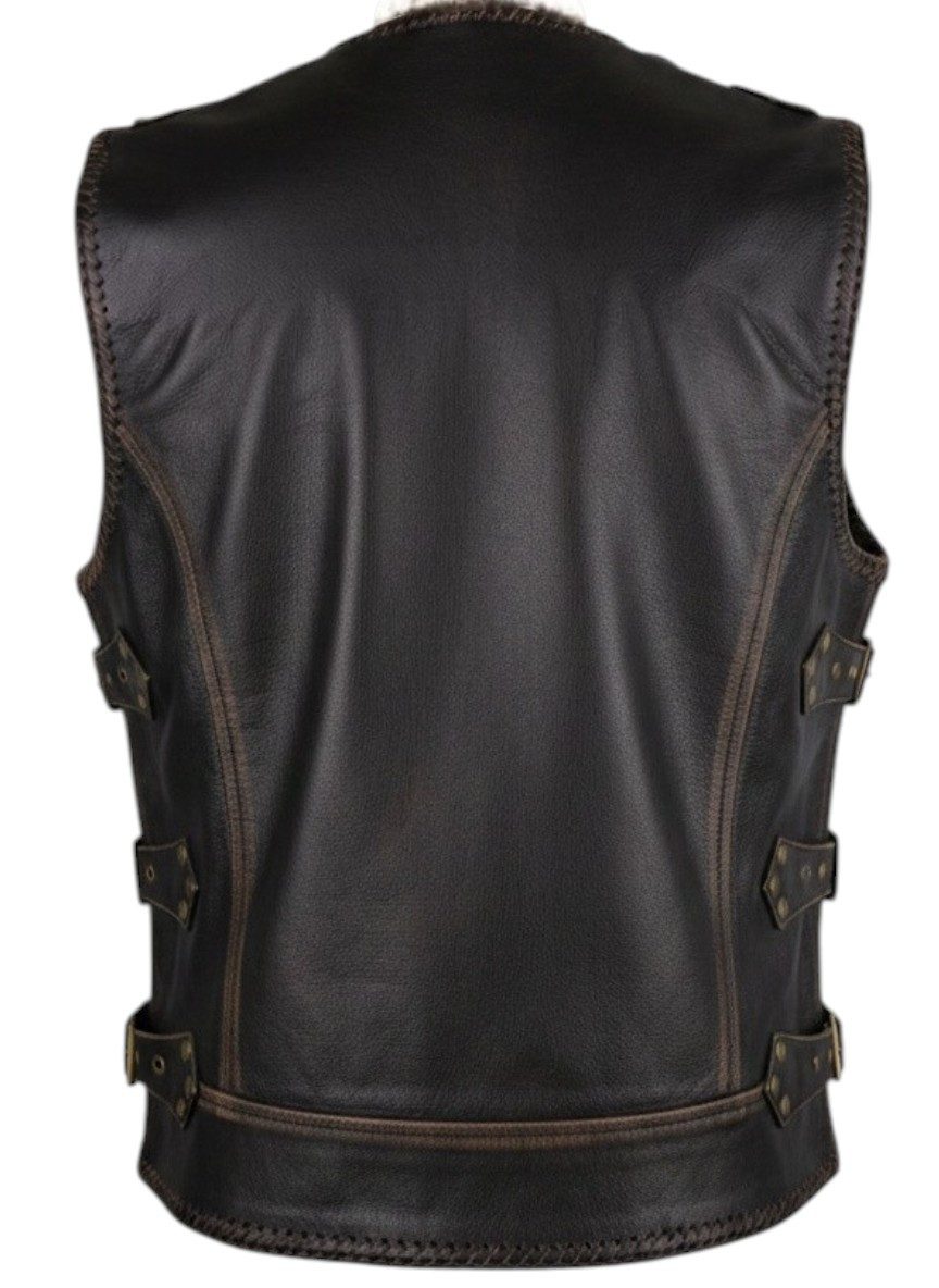 MDM Lederweste Damen Biker Lederweste in Schwarz mit Messing Schnallen Taillierte Damen Lederkutte mit Messing-Schnallen
