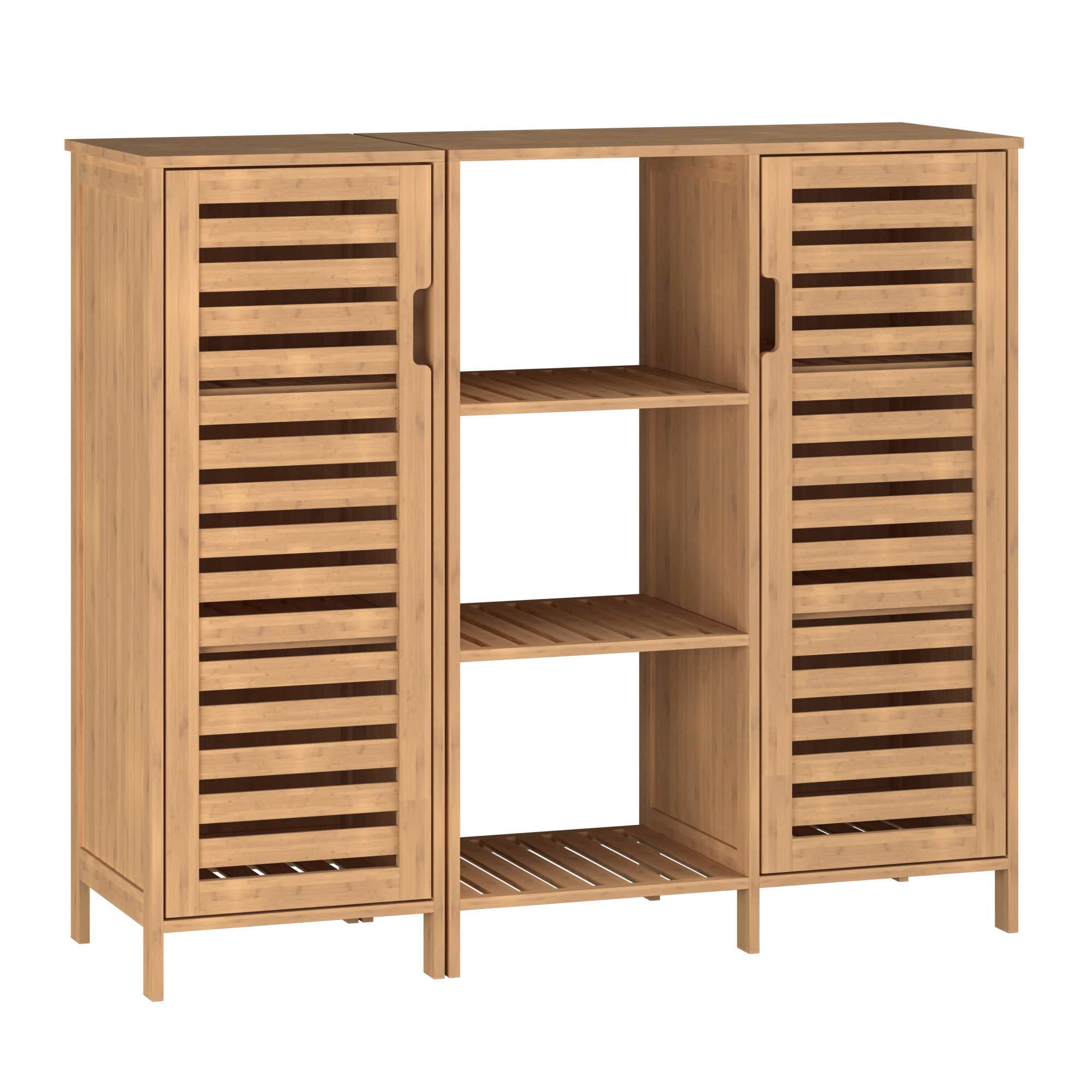 en.casa Beistellschrank (2-tlg. Schrankteil mit Regal + Schrankelement) »Hakseri« 2 Lamellentüren 3 offene Fächer 87x99x33 cm Bambus Natur
