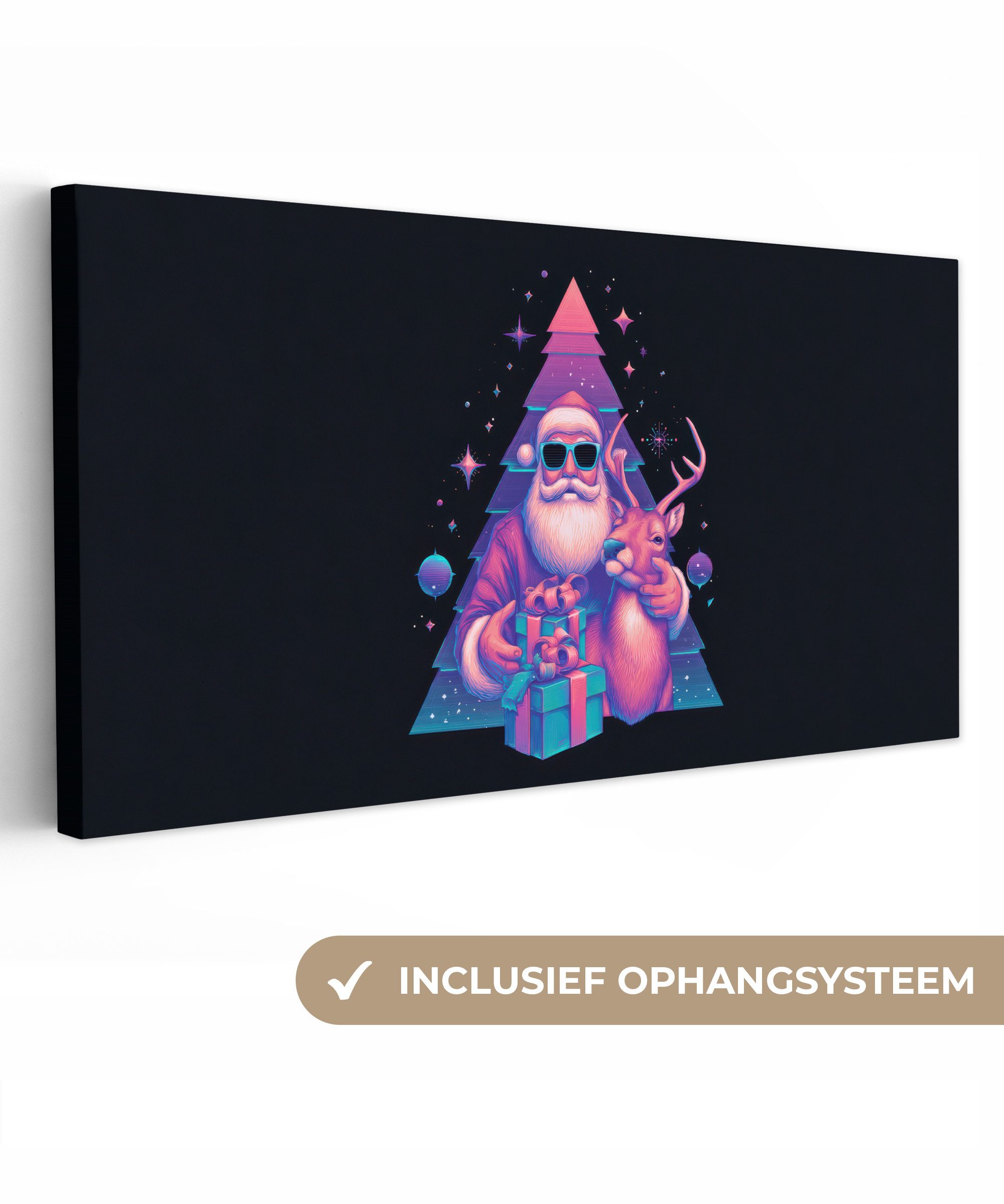 OneMillionCanvasses® Leinwandbild Panorama Retro - Weihnachtsmann - Rentier - Weihnachtsbaum, Fotodruck (1 St), Wandbild, Deko Schlafzimmer Wohnzimmer Flur 40x20 cm