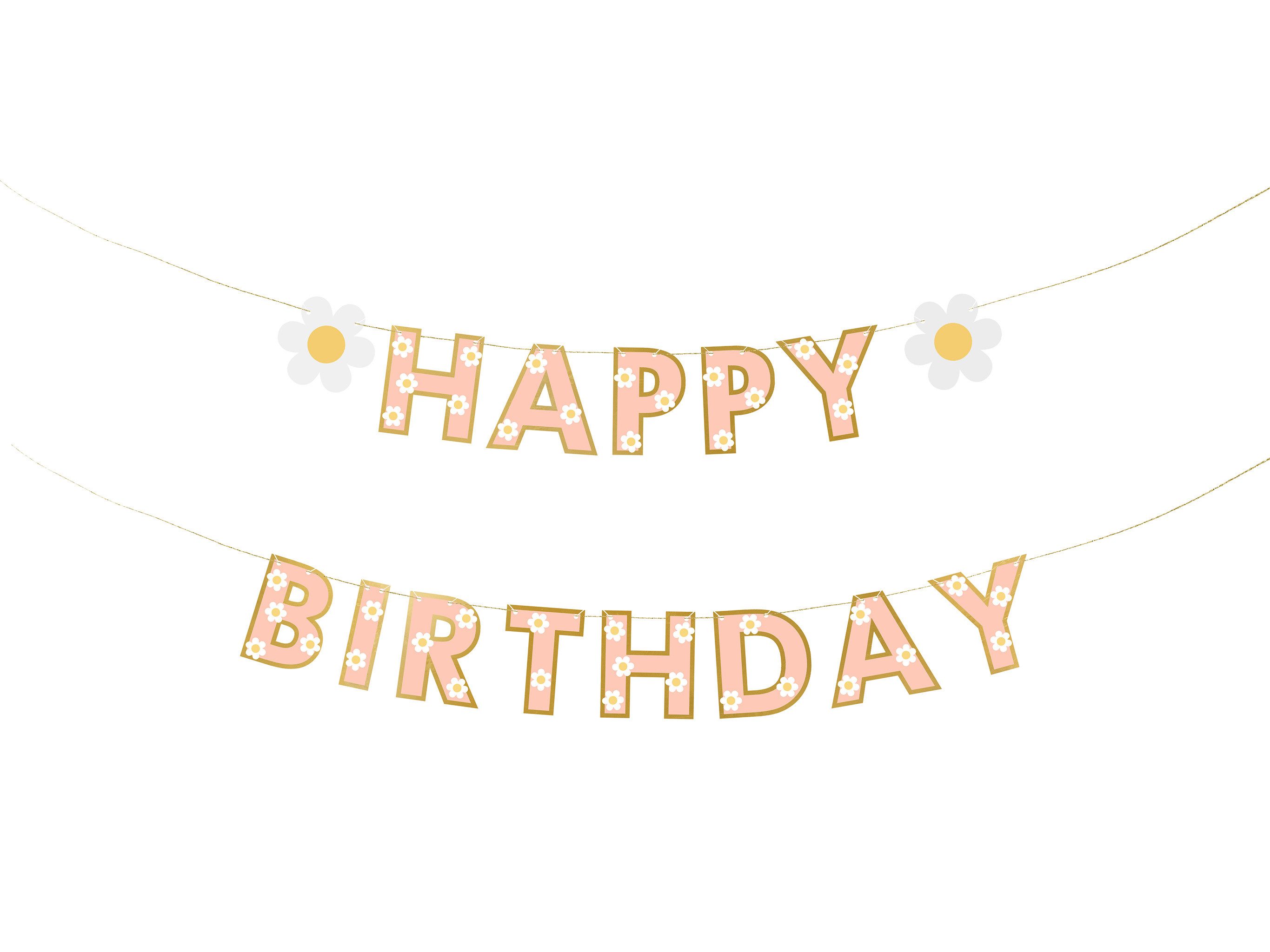partydeco Girlande, Happy Birthday Girlande 14x200cm Gänseblümchen Banner Rosa / Gold