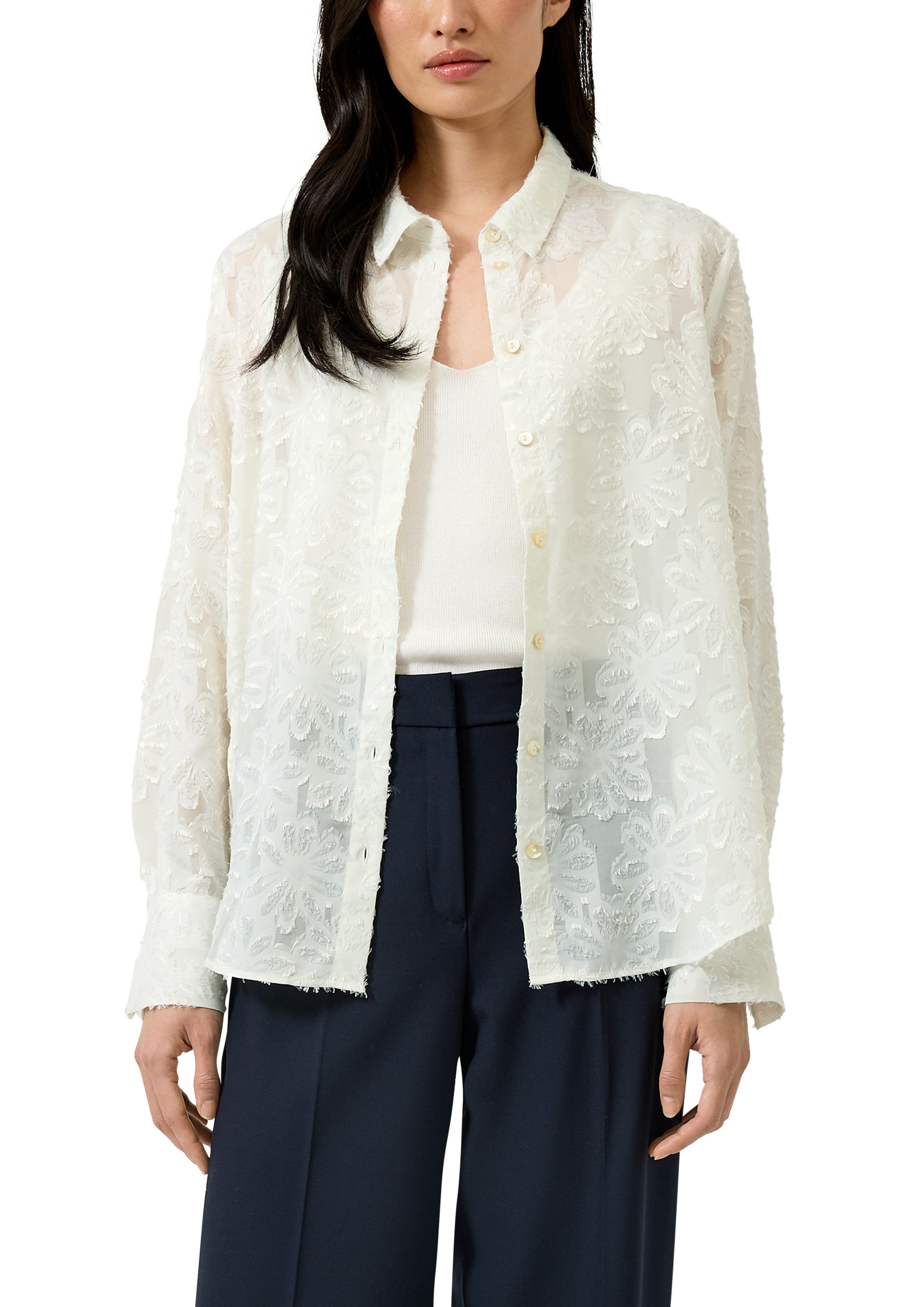 s.Oliver BLACK LABEL Langarmbluse mit Blüten-Appllikationen, transparent