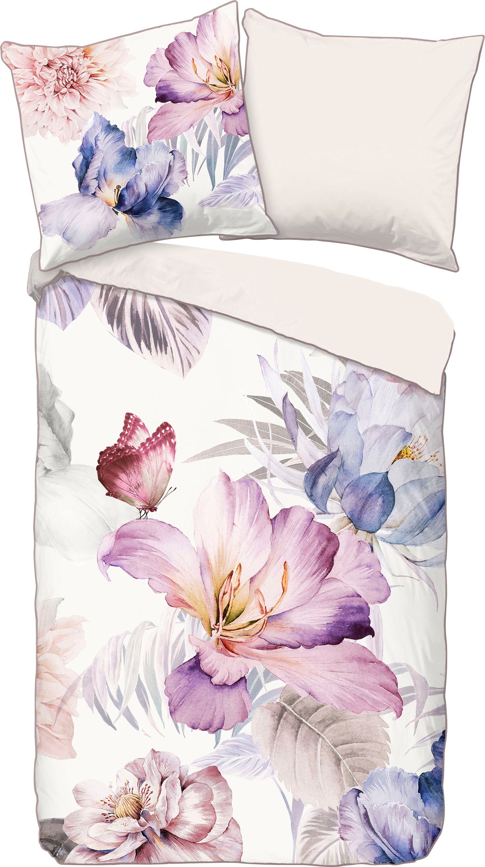 Descanso Wendebettwäsche Caen, Satin (Bio-Baumwolle), 2 teilig, Baumwolle, Satin, 135x200, Biese, Reißverschluss, Wende, Blumen, Natur