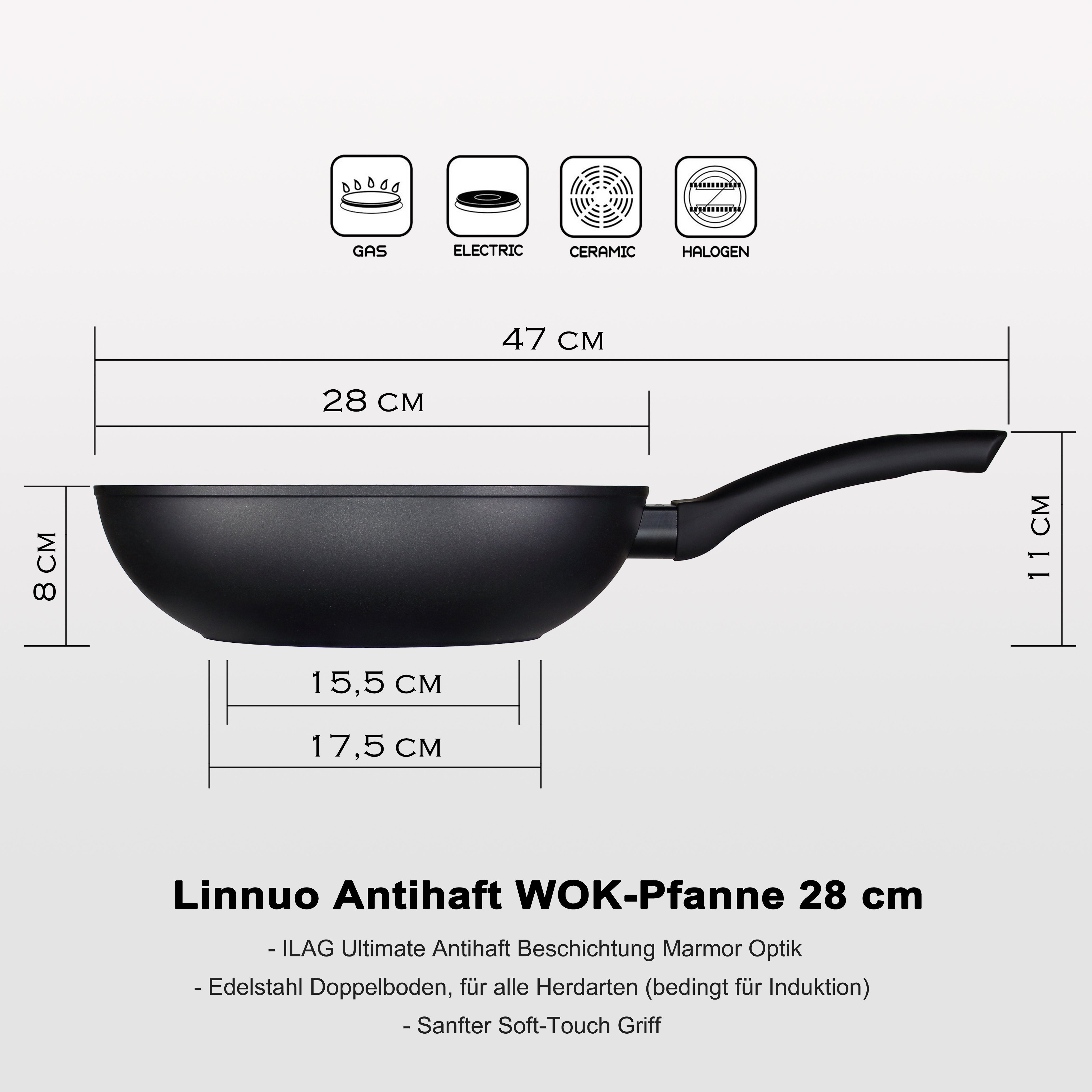 Optik, aus Wok - Geschmiedetem bis backofenfest Marmor schwarz, Aluminium, Antihaft, Wok Soft-Touch-Griff, - Alu beschichtet - 28 Antihaft °C cm, 28 Marmor 180 Optik Linnuo cm Ø Pfanne