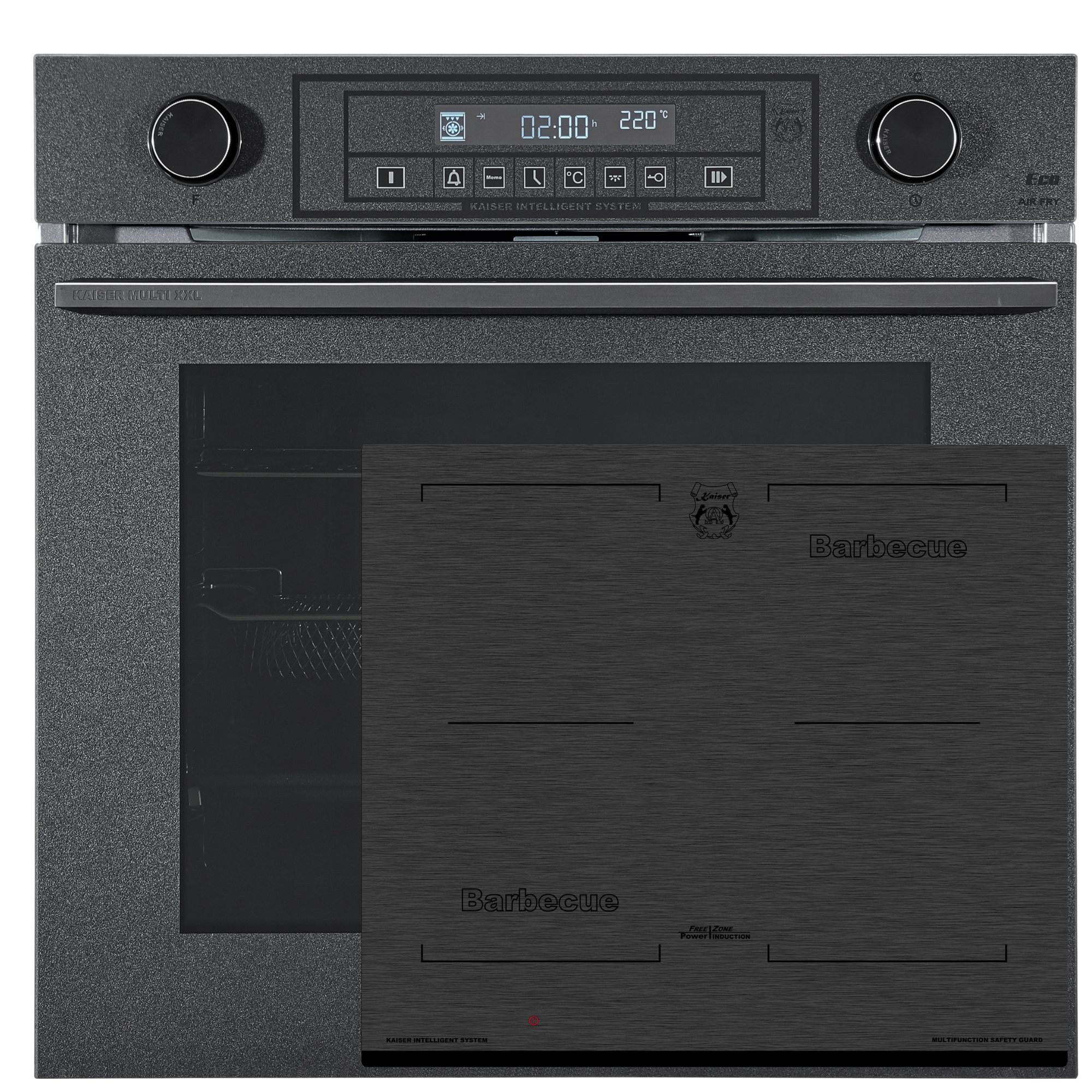 Kaiser Küchengeräte Backofen-Set Herd Set Autark XXL 79 L Einbau-Backofen mit AirFry, Pizzastein und Drehspieß + Premium Induktionskochfeld 60 cm it Moire Glaskeramik und Facetten, autarkes Induktionsherd mit 4 QuickHeat Kochzonen, 2×2 Flexible FREE-ZONE, Power Booster EH 6401+KCT 6700 FI, mit 1-fach-Teleskopauszug, Katalytische Selbstreinigung, Dampfreinigung