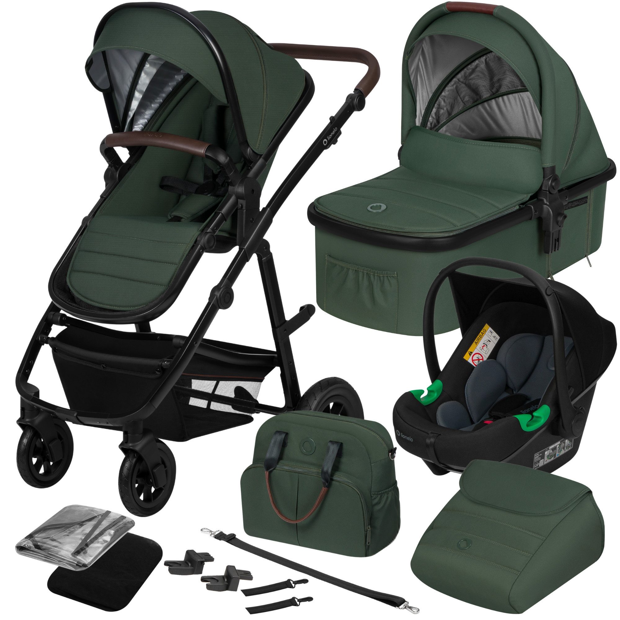 lionelo Kombi-Kinderwagen Amber 3in1, (Set), 3in1/babyschale 0-13kg/Tasche/Moskitonetz/Regenschutz/Boho