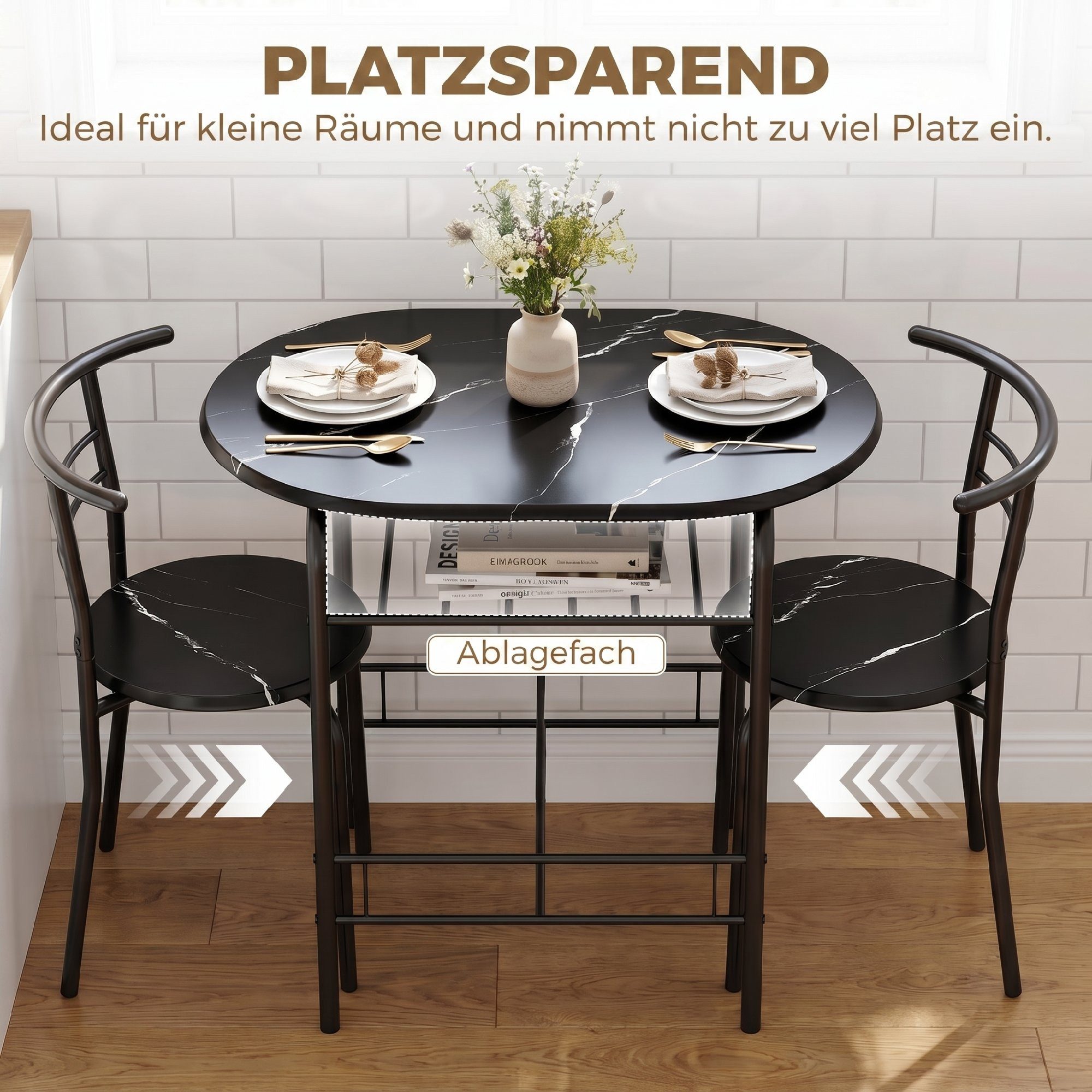 HOMCOM Essgruppe Sitzgruppe Küchentisch mit Metallgestell, Ablageregal, Marmor-Optik, (Set, 3-tlg), Tisch mit Regalablage, platzsparende Stühle – Bild 5 von 5