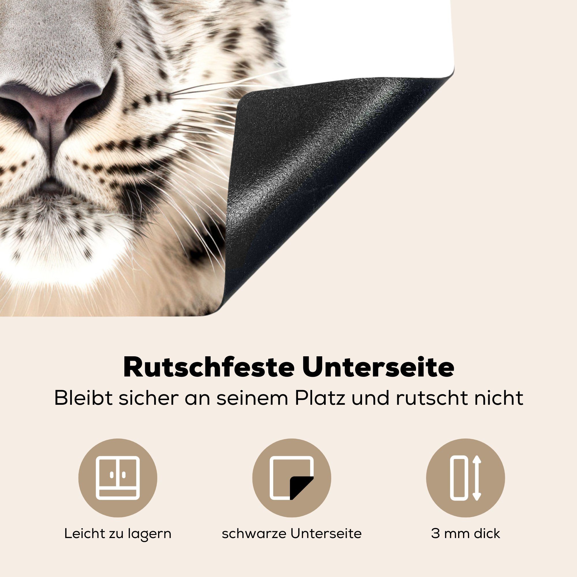 MuchoWow Herdblende-/Abdeckplatte Wildtiere - Weiß, 60x52 nutzbar, - cm, Arbeitsfläche Leopard Mobile Ceranfeldabdeckung Porträt (1 - Vinyl, tlg)