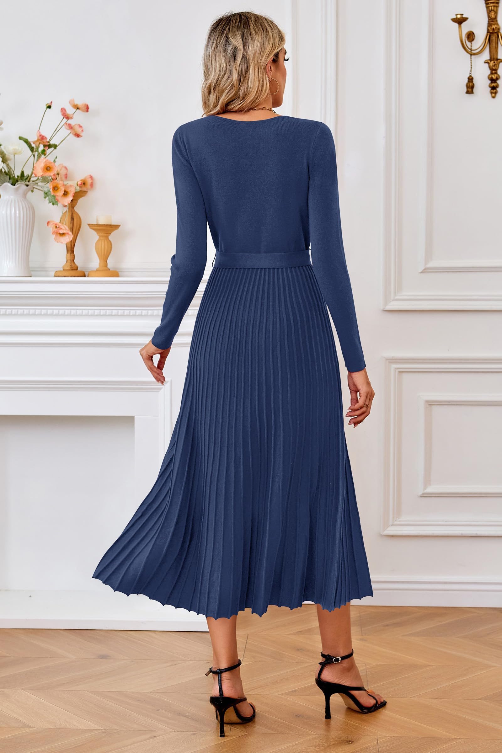 Arach&Cloz Strickkleid Damen Pulloverkleid Herbst Winterkleid Lang Plissee V-Ausschnitt Langarm Elegant Midi Kleider Winter