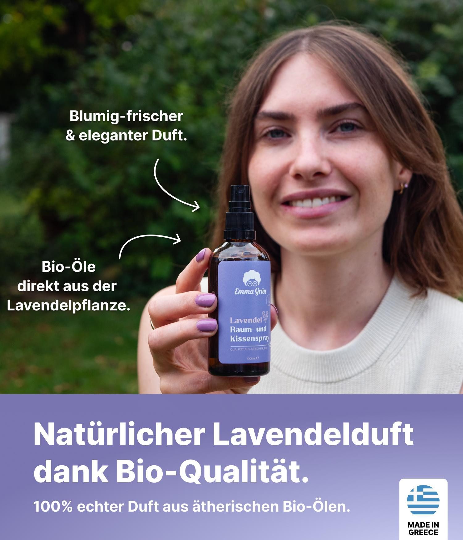 Emma Grün Duftöl Lavendel Kissenspray 100 ml, mit Bio Lavendelöl (Set, Je nach Auswahl: 1x, 2x oder 5x Raumspray Lavendel 100 ml), Höchste Bio-Zertifizierung der Duftöle, naturrein & ohne Zusätze