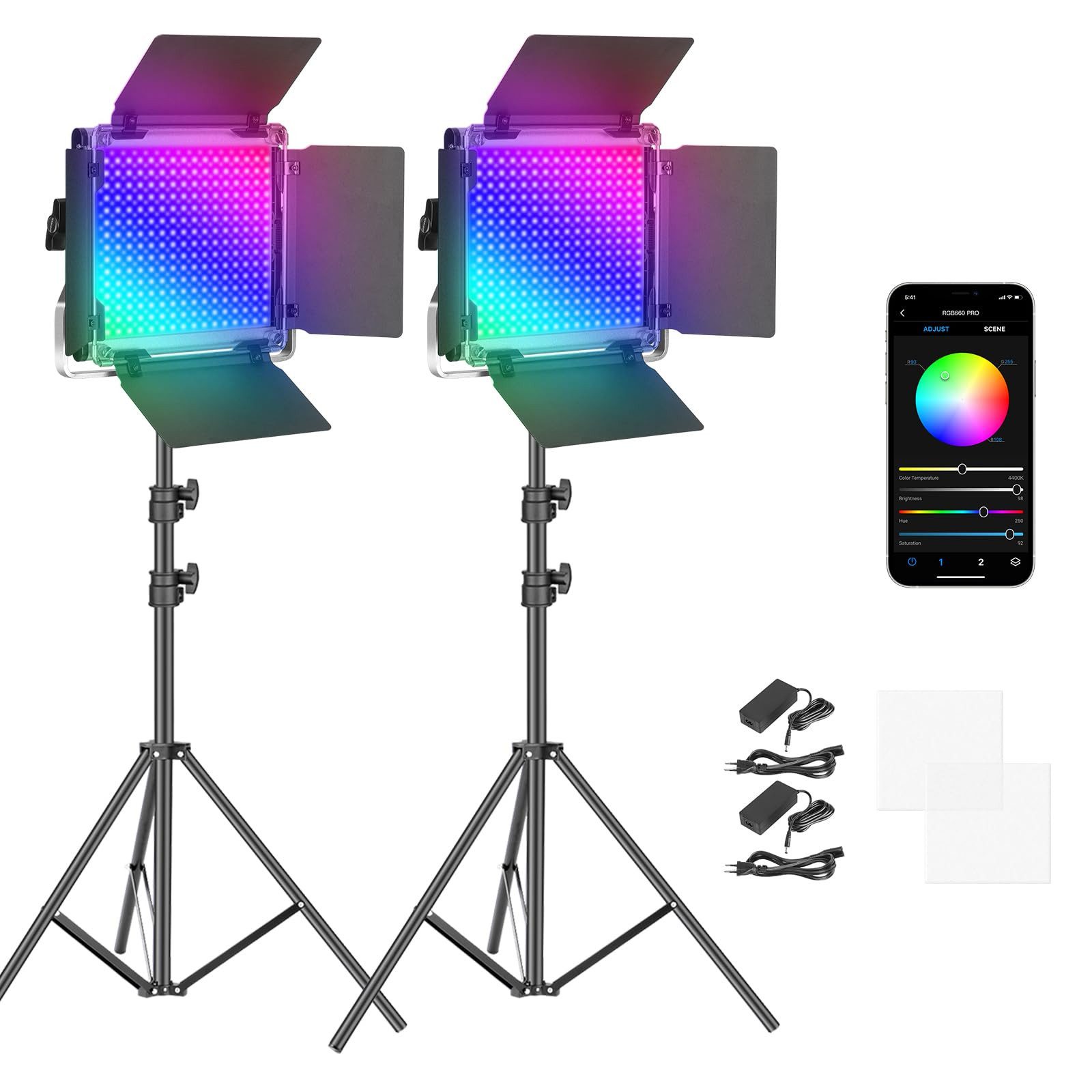 Neewer Videoleuchte RGB660 PRO II 2xLED Panel mit Stativ, 50W, App-Steuerung, Dimmbar, CRI97+, 360° Vollfarbe Videolicht für Studio Streaming Zoom Fotografie